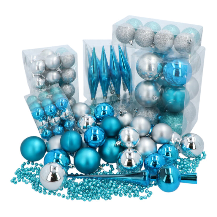 4seasonz® Kerstballen set 130 ballen - Kunststof piek en parelsnoer - Blauw/Zilver