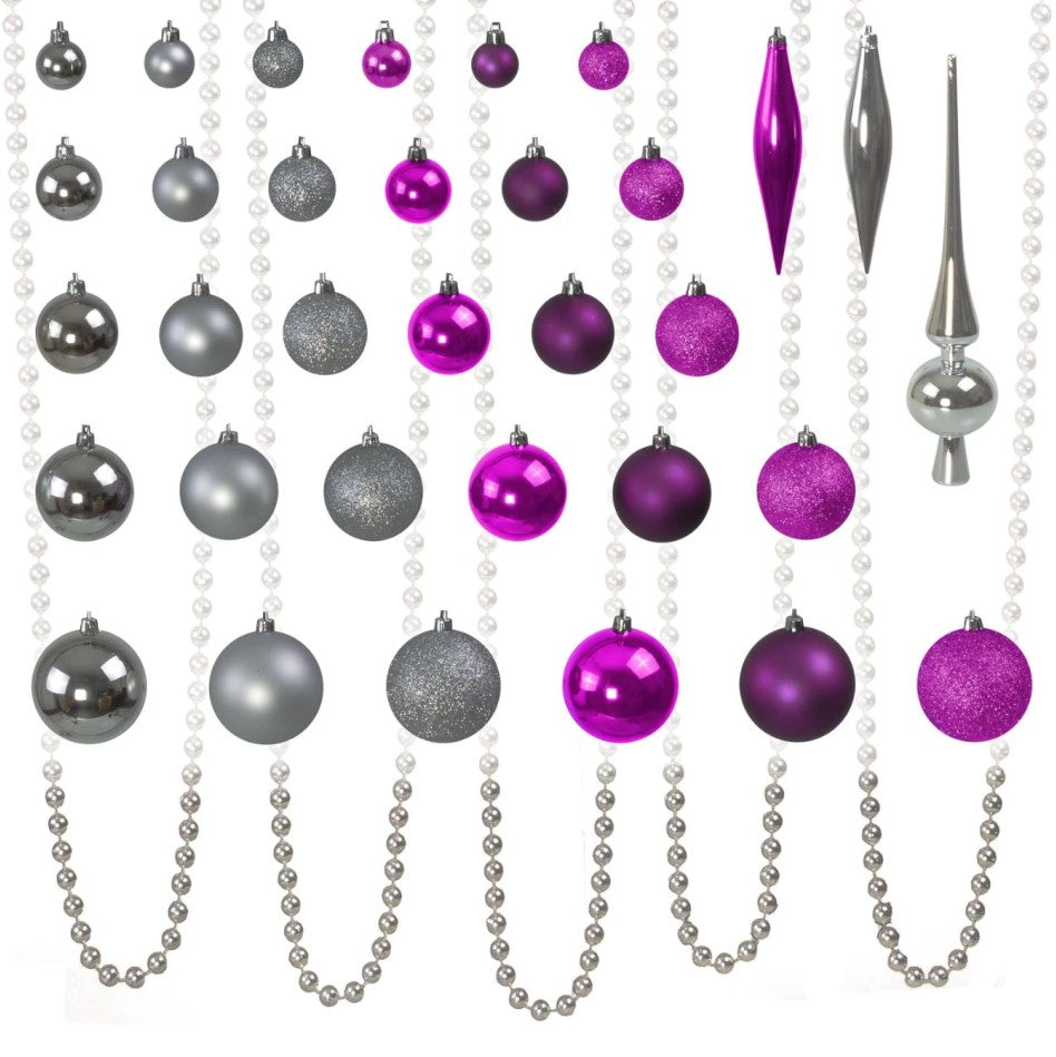 4seasonz Kerstballen Set 130 Ballen Piek en Slinger - Paars/Zilver