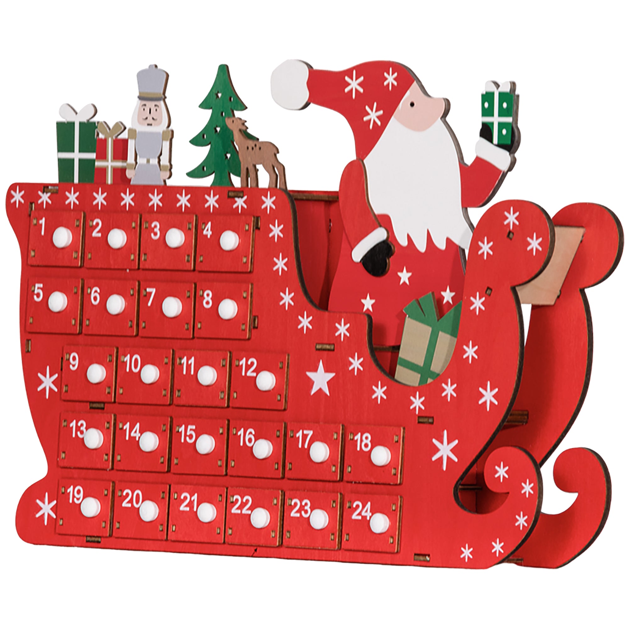 Homcom Adventskalender Kerstman met Slee - 24 laden - Herbruikbaar -22x8x36 cm - Rood