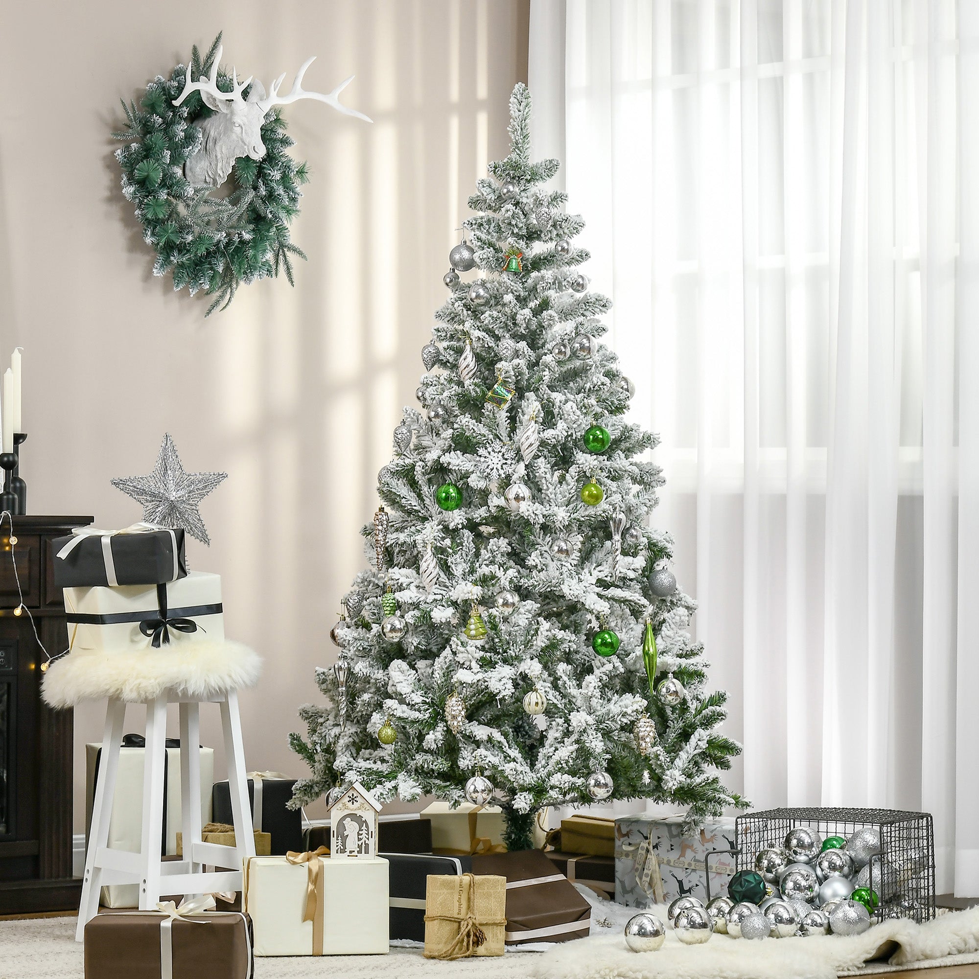 Homcom Kunstkerstboom met Sneeuweffect Scharnierconstructie Ø105 x 180H cm - Groen/Wit