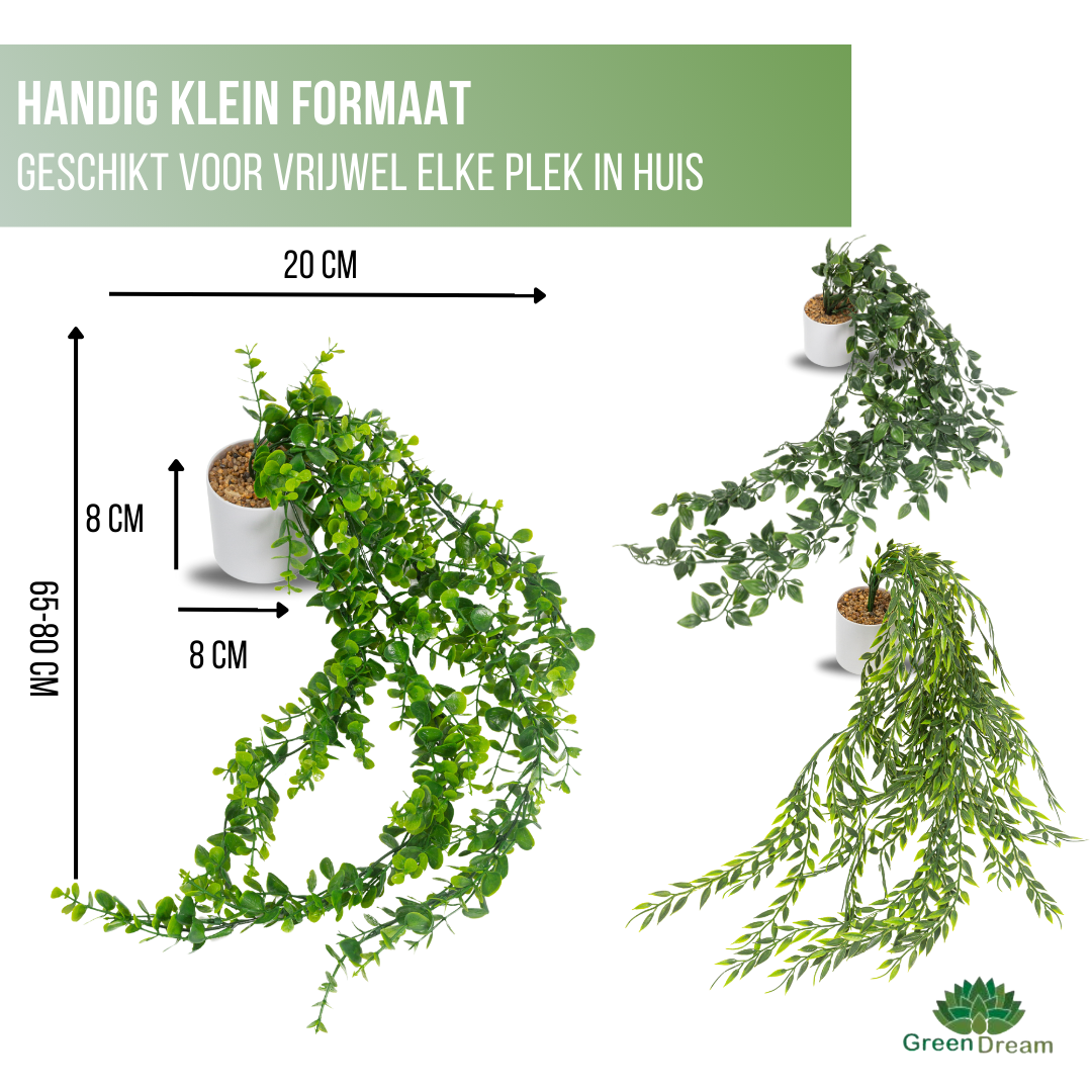 GreenDream® 3 Verschillende Hangplanten Kunstplanten in Pot - decoratief - Cadeautip - Groen