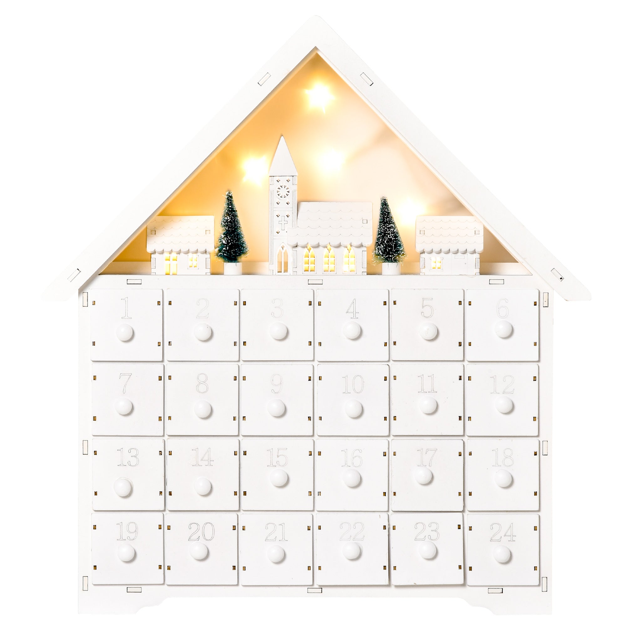 Adventskalender 2025 met LED-verlichting 24 laden 39x42 cm - Wit