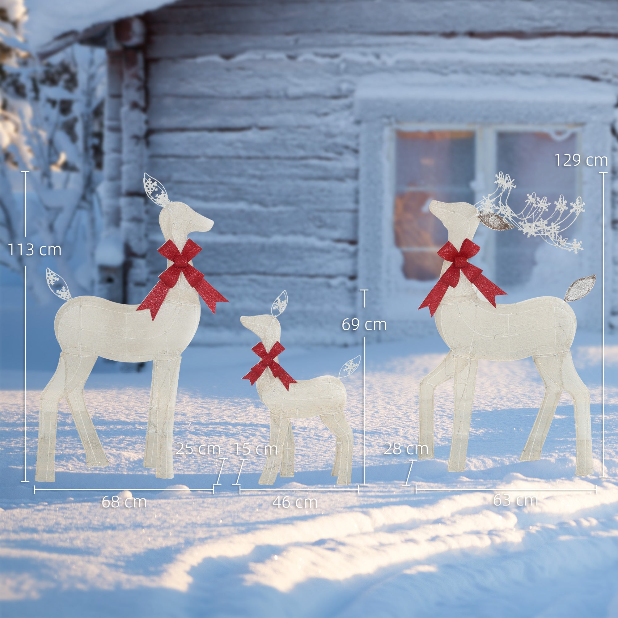 Set van 3 Rendieren met rode strik met LED Verlichting - Goud