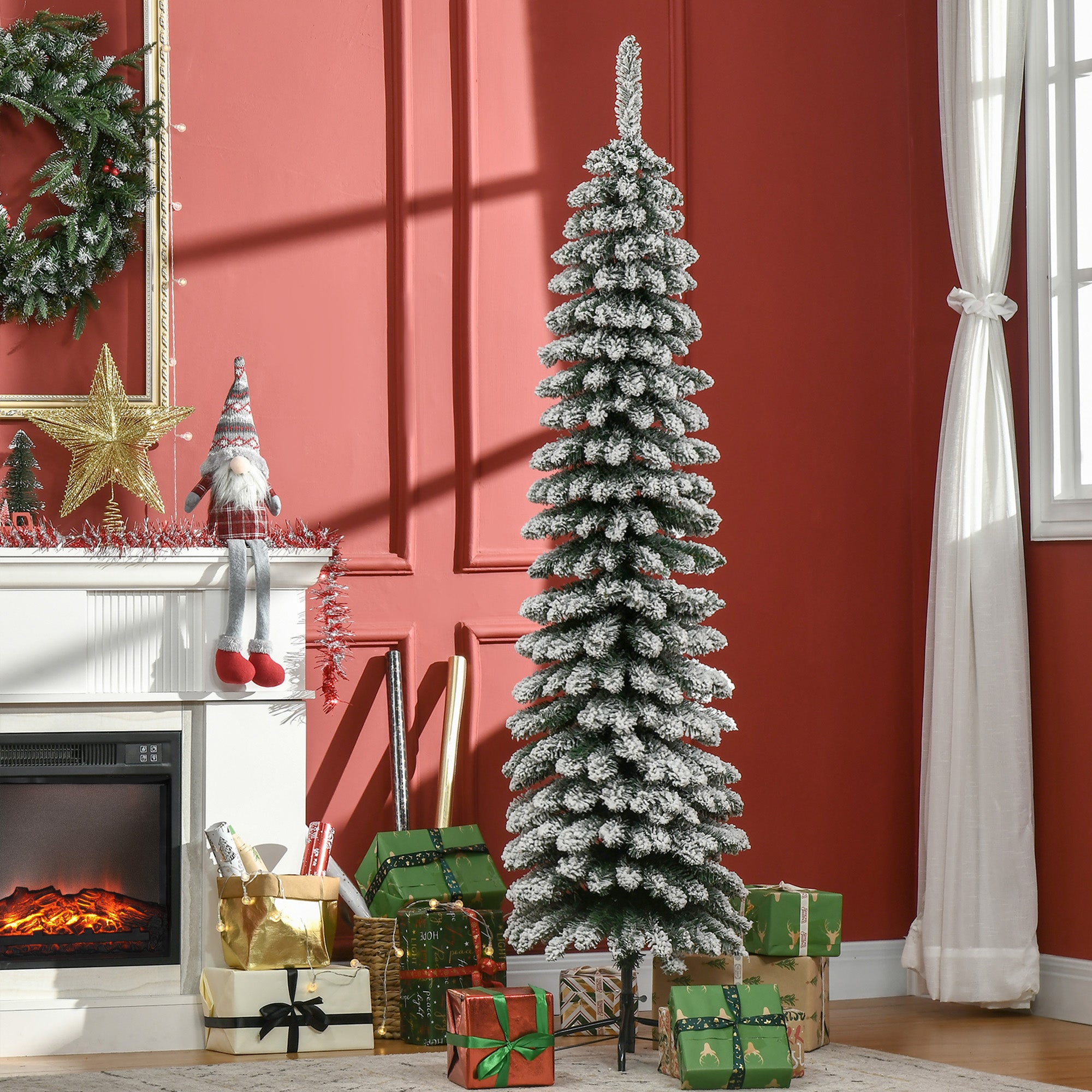 Homcom Kerstboom Smal met Sneeuw - incl. standaard 180 cm - Wit/Groen