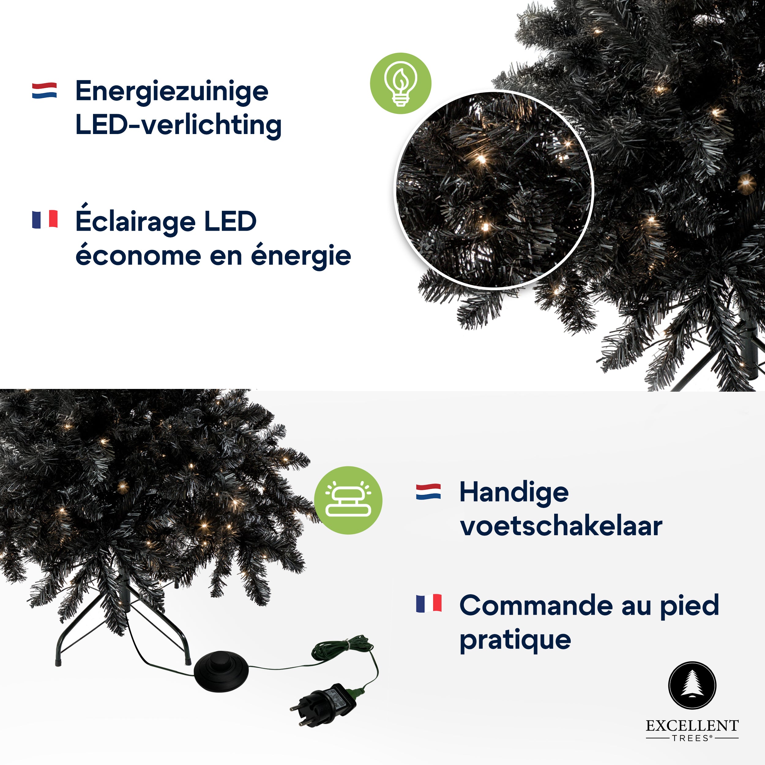Excellent Trees® Kerstboom Stavanger Black 180 cm - Zwarte Kerstboom met 350 LED Verlichting - ⌀110cm - 180cm