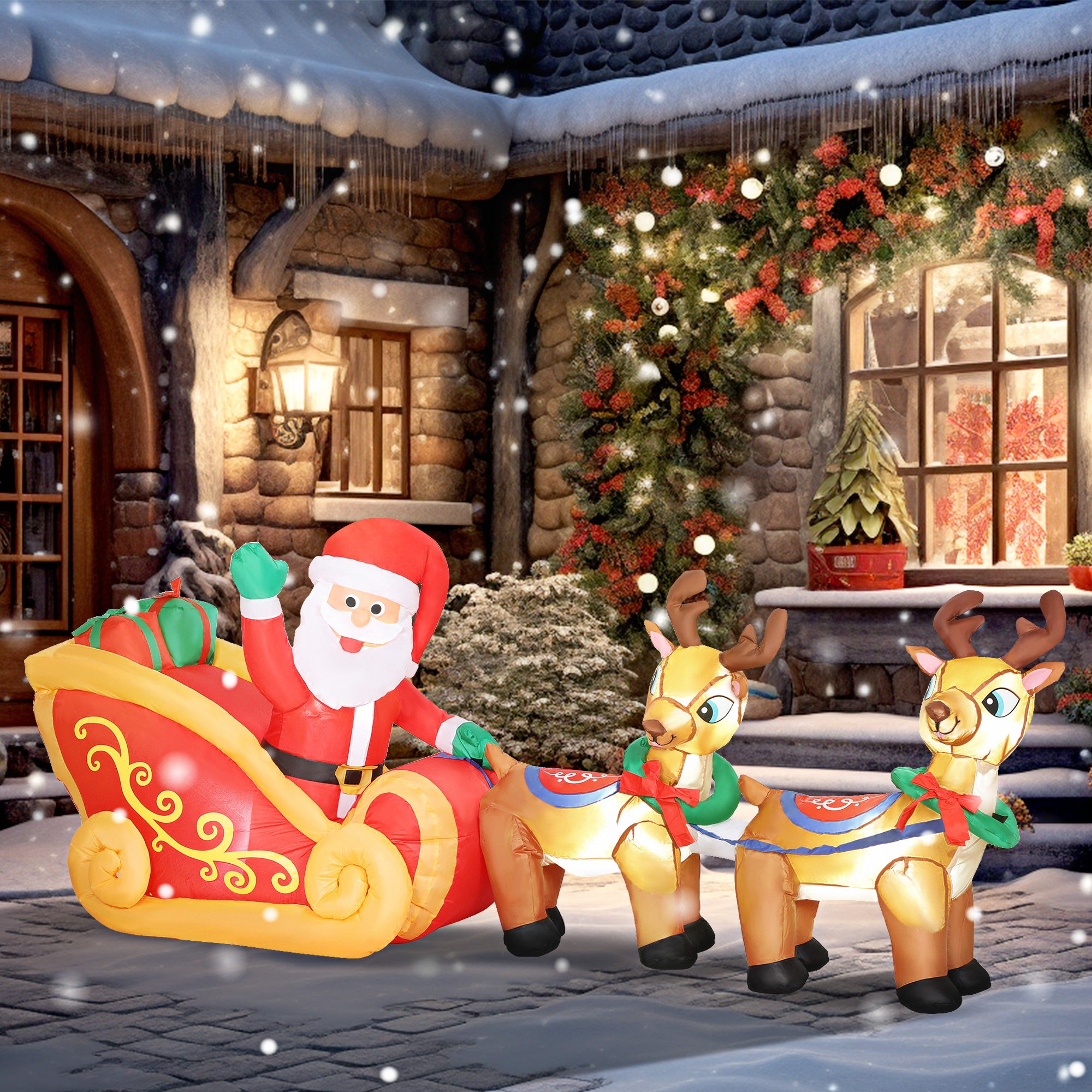 4goodz Opblaasbare Kerstman met slee en rendieren met LED-verlichting