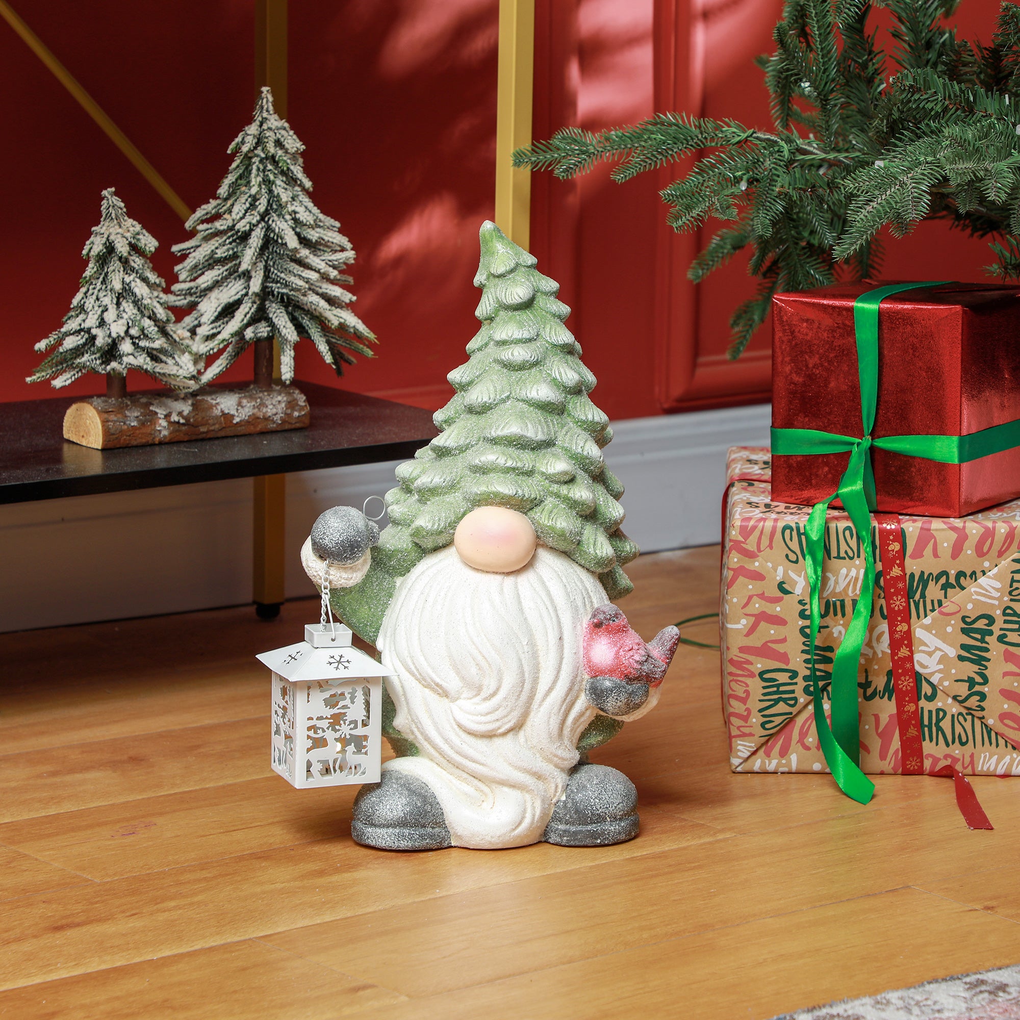 Homcom Kerstkabouter met lantaarn, LED, werkt op batterijen, weerbestendig, 28x21x42 cm
