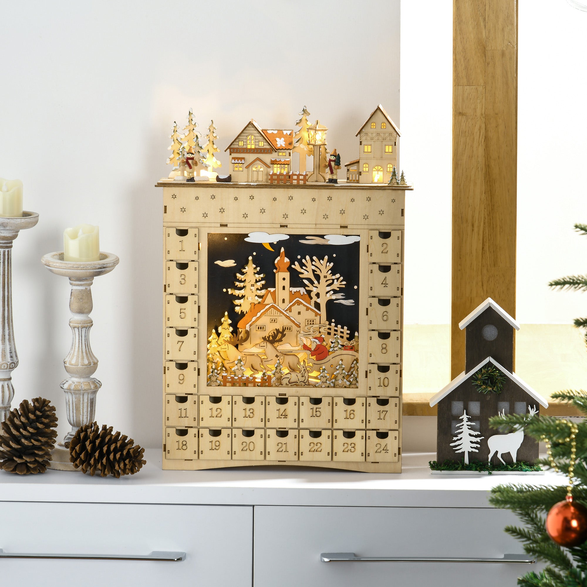Adventskalender 2025 met LED-verlichting 24 laden 36x52 cm