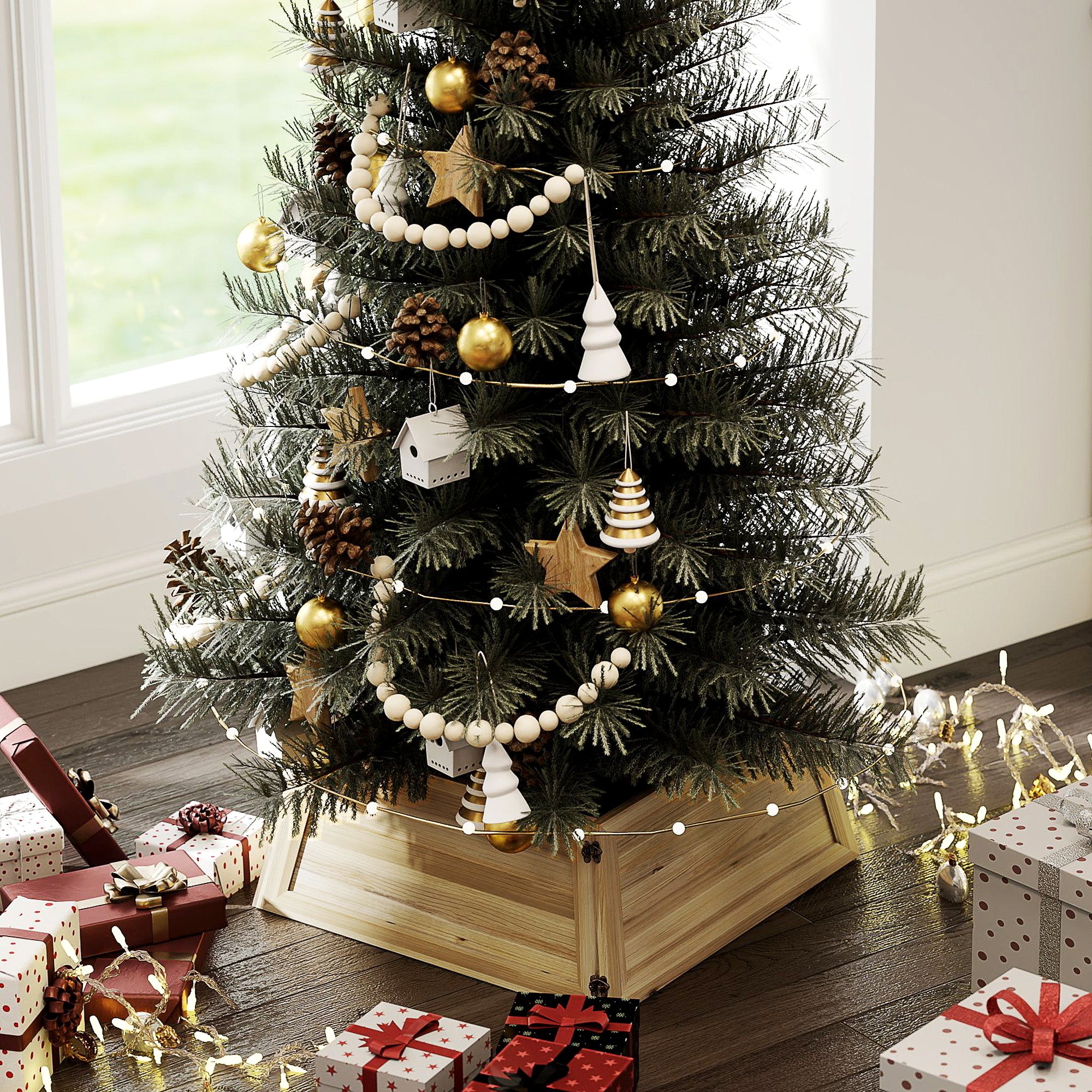 Homcom Kerstboomrok 65 x 65 cm - Kerstboommand van vurenhout - Bruin
