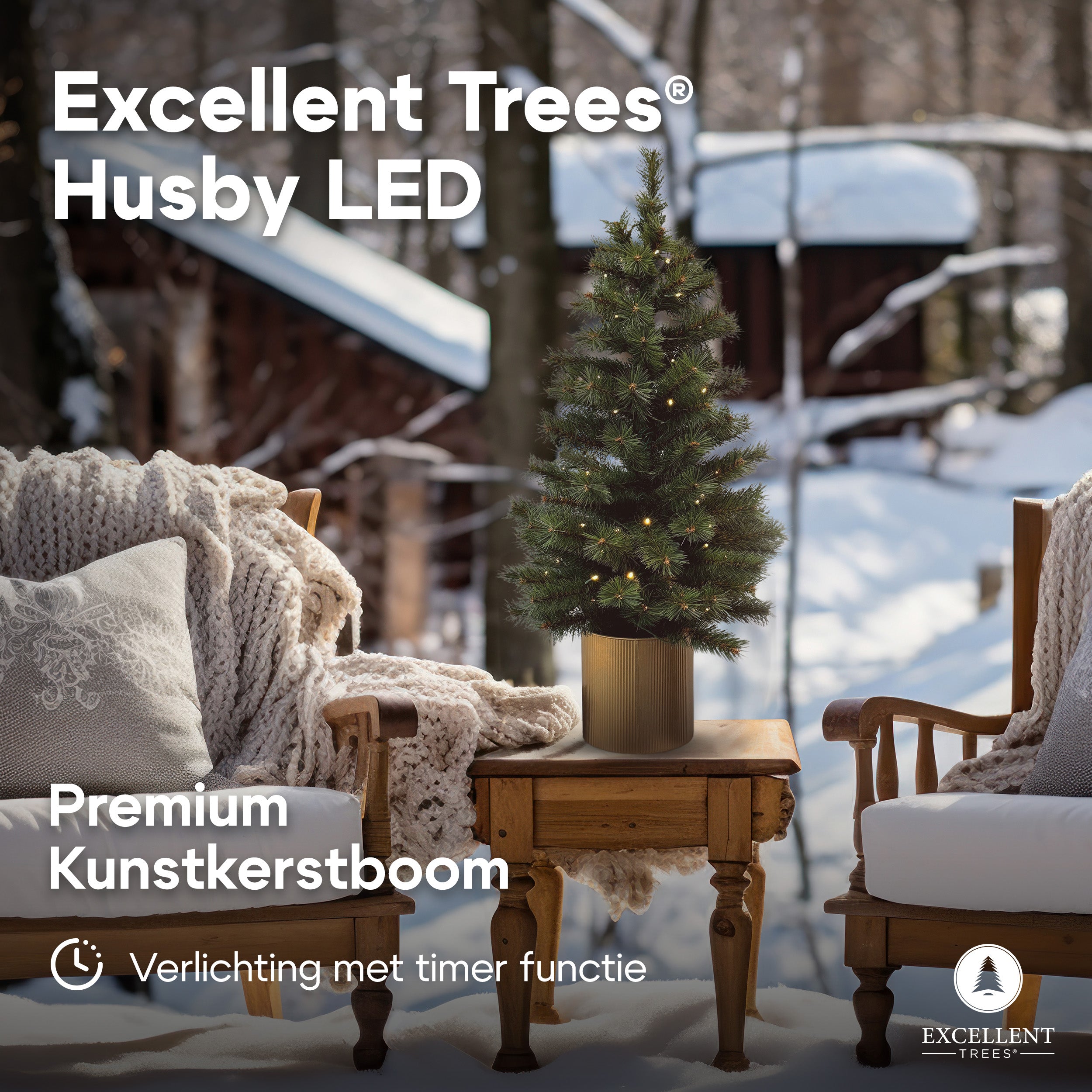 Kerstboom Excellent Trees® Husby 90 cm in Pot met 80 LED lampjes op batterijen - Kunstkerstboom LED verlichting - Hoogwaardig naald PVC