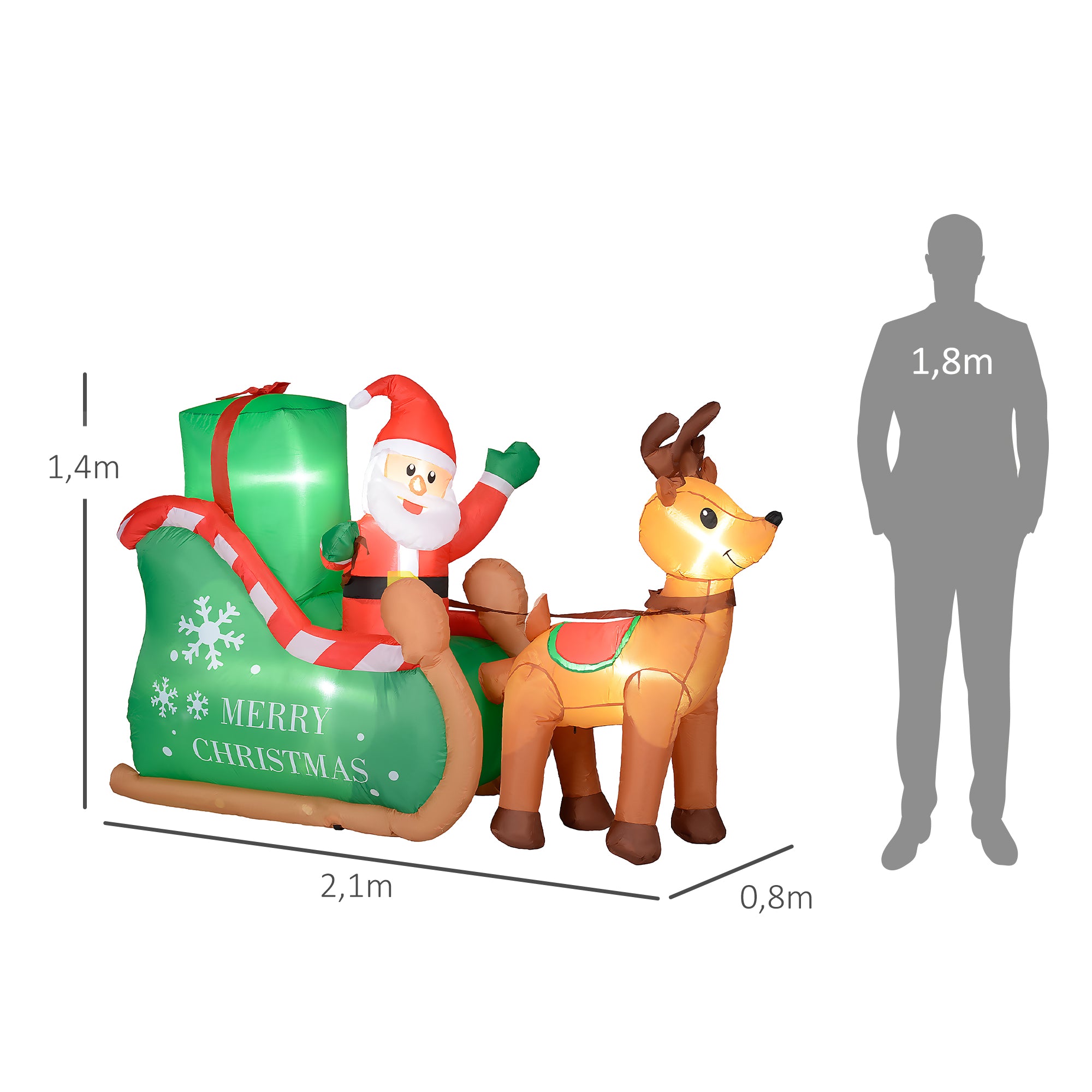 Kerstman met Slee & Rendier opblaasbaar - LED-verlichting - 210x80x140 cm