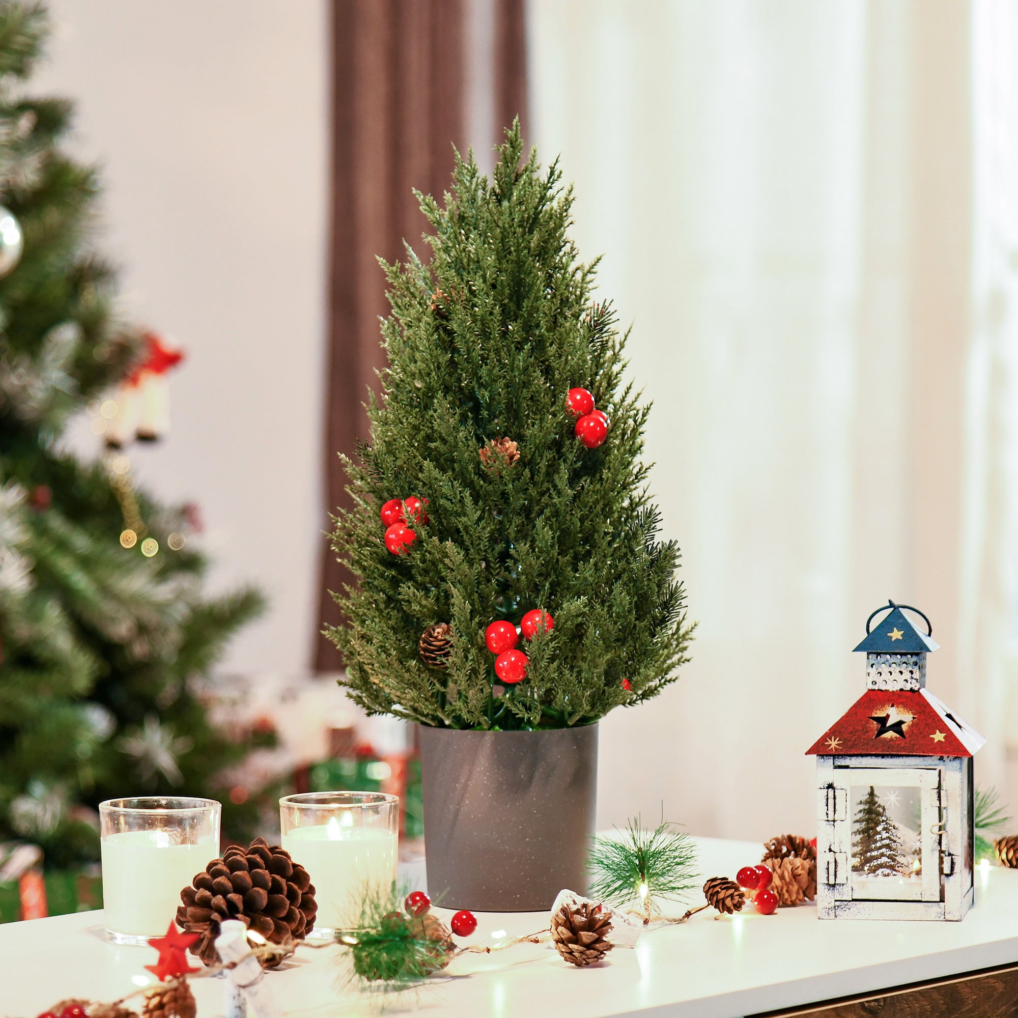 Homcom Mini Kerstboom in Pot 47 cm - met Rode Bessen en Dennenappel
