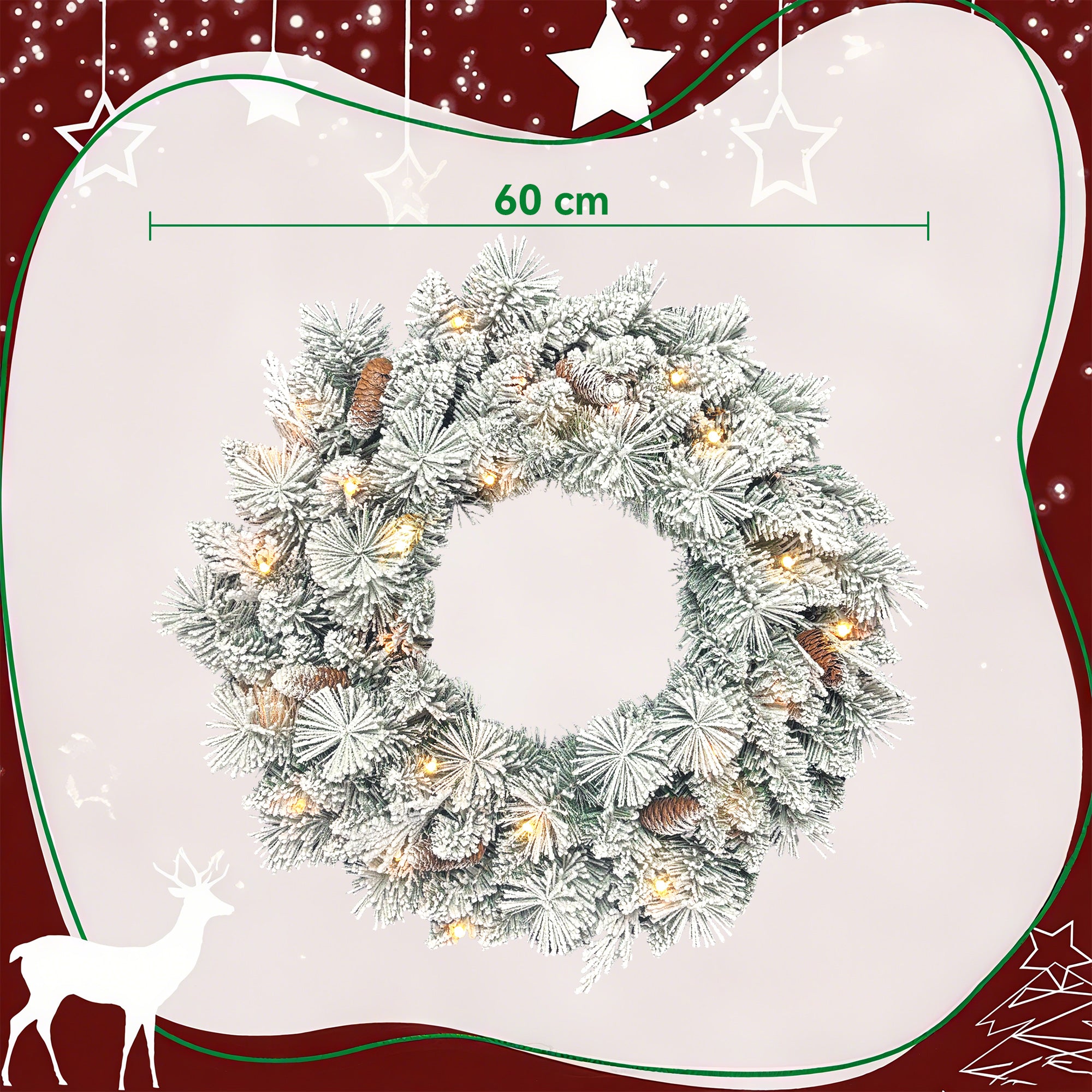 Homcom Kerstkrans met LED-verlichting Sneeuw en Dennenappels  Ø60 cm