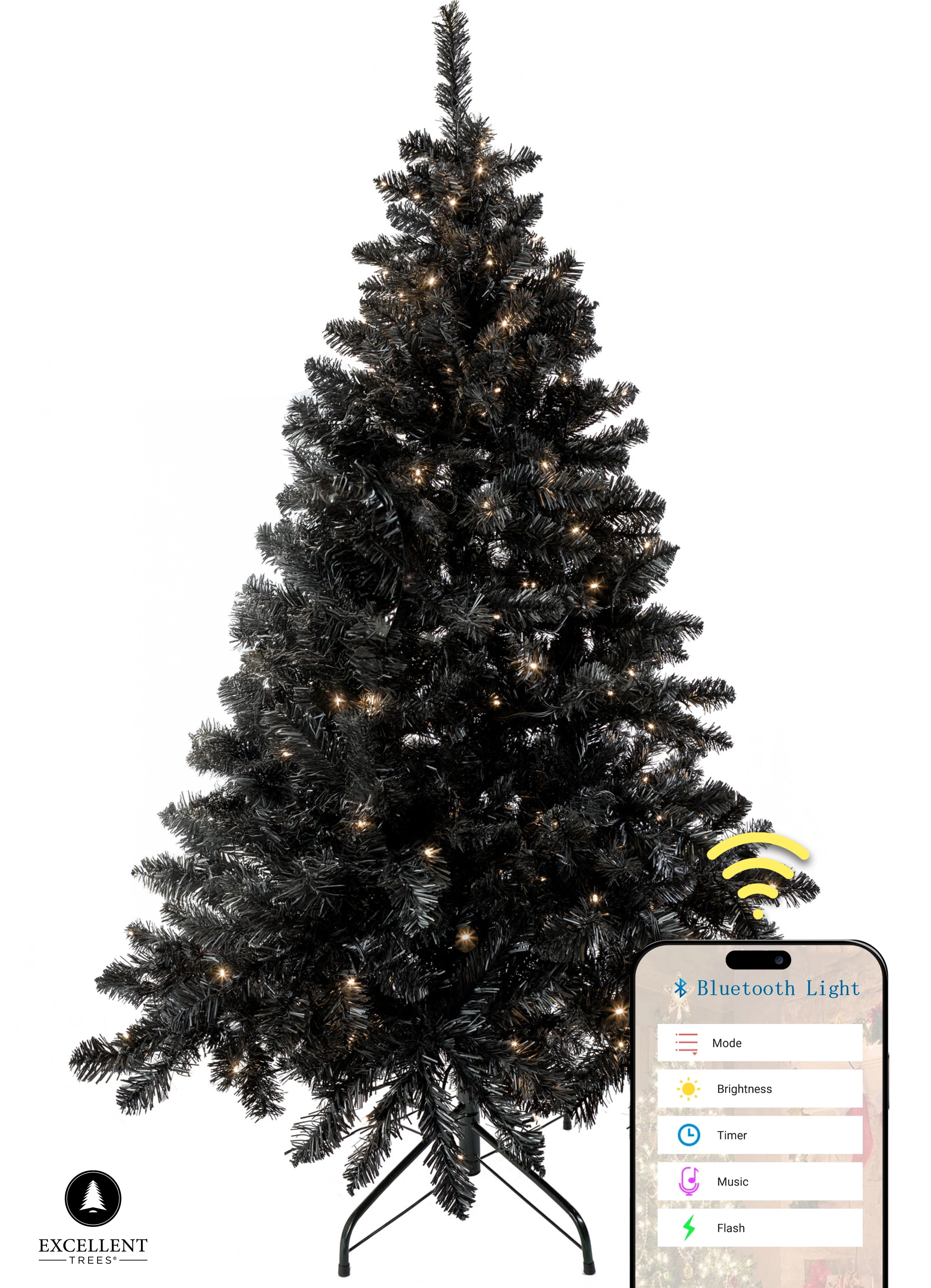 Excellent Trees® Stavanger Black 210 cm Zwarte Kerstboom met Verlichting -  500 LED Lampjes
