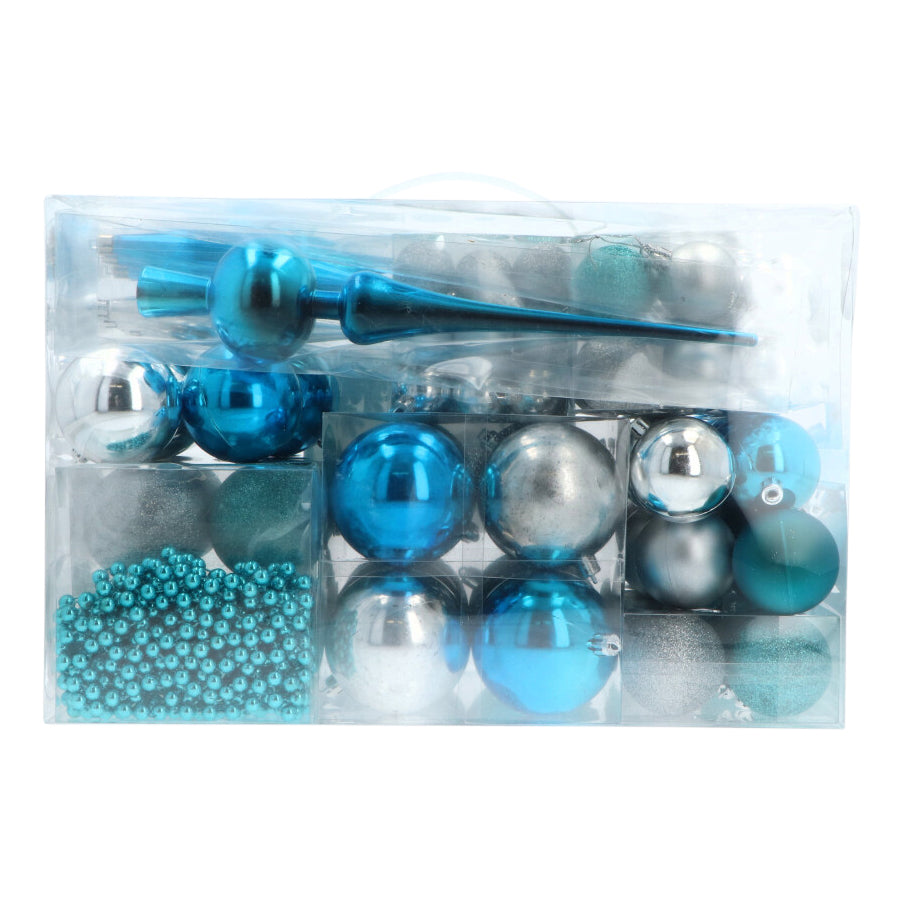 4seasonz® Kerstballen set 130 ballen - Kunststof piek en parelsnoer - Blauw/Zilver