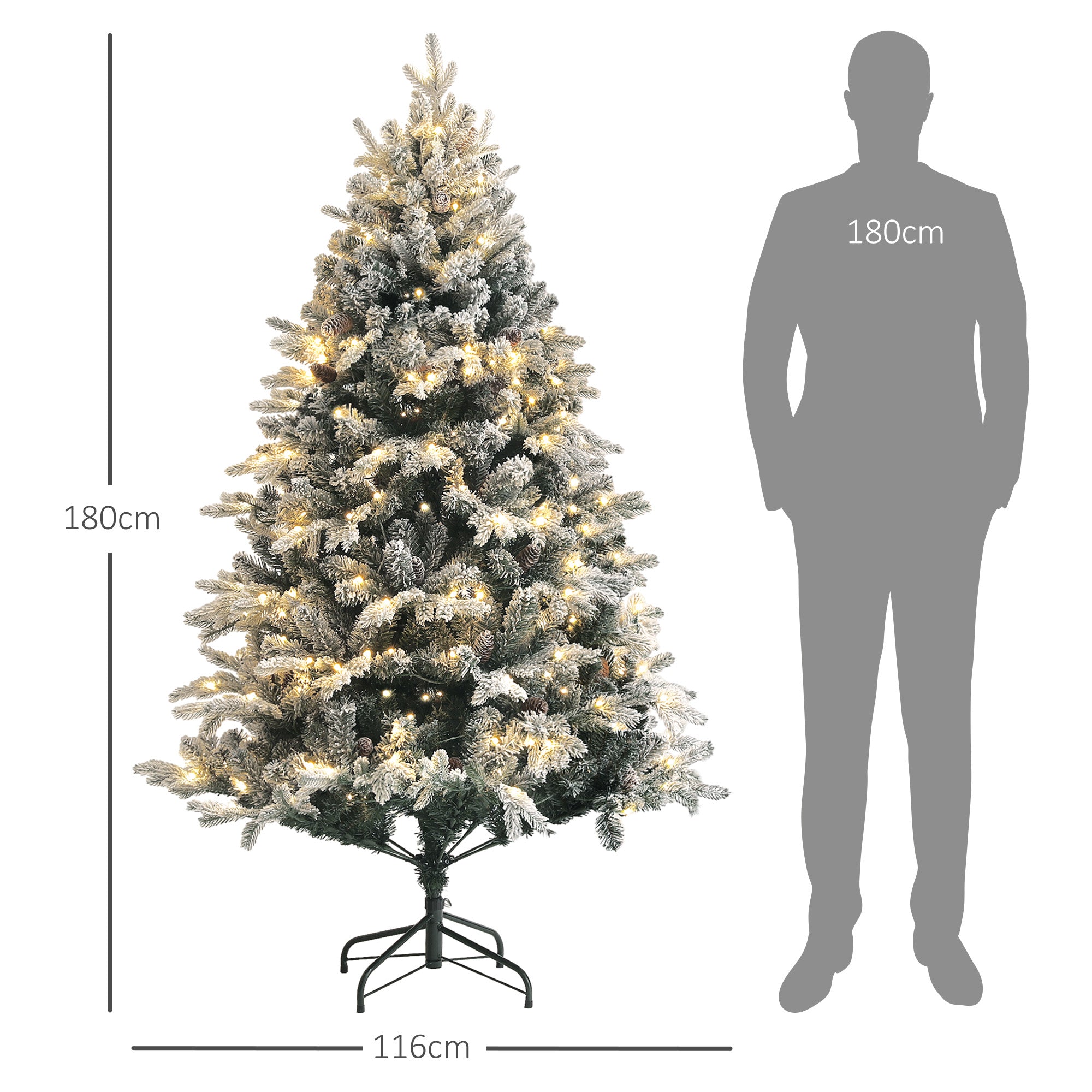Homcom Kerstboom met Sneeuw met LED Verlichting Ø116 - 180 cm - Metalen voet