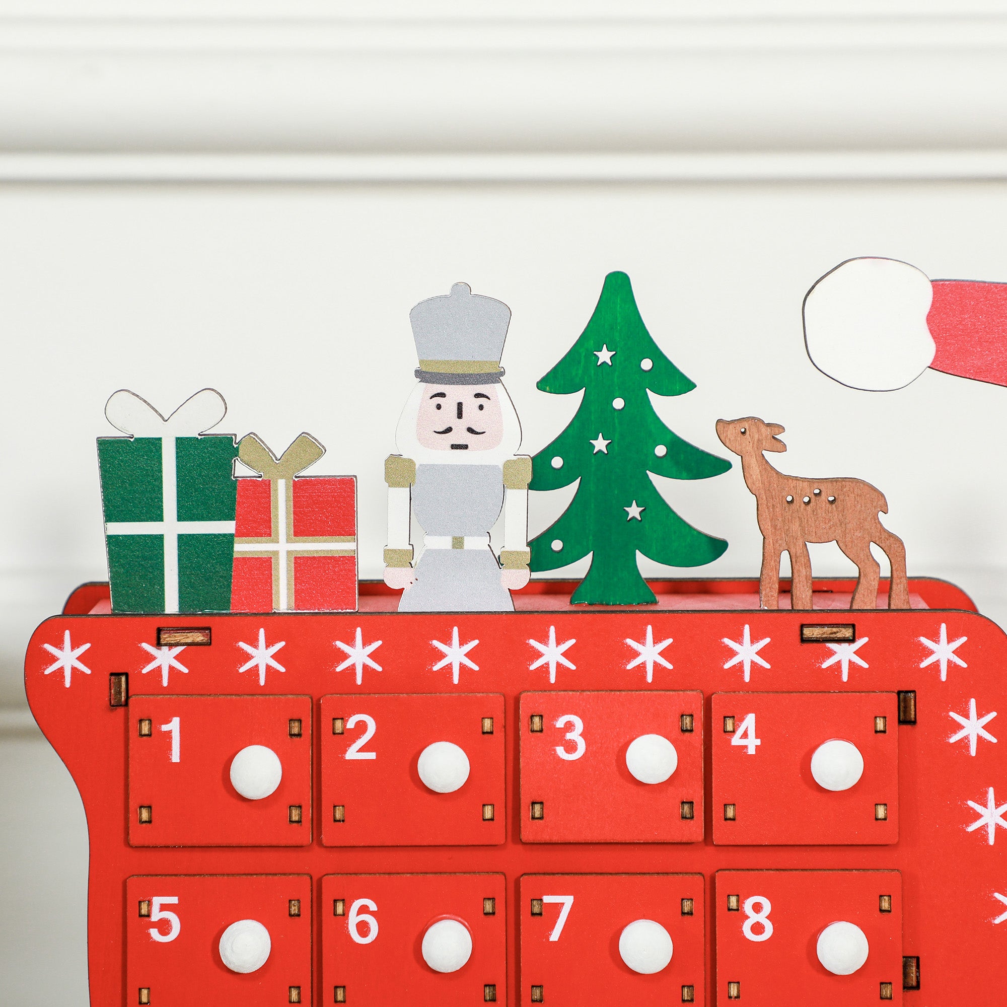 Homcom Adventskalender Kerstman met Slee - 24 laden - Herbruikbaar -22x8x36 cm - Rood