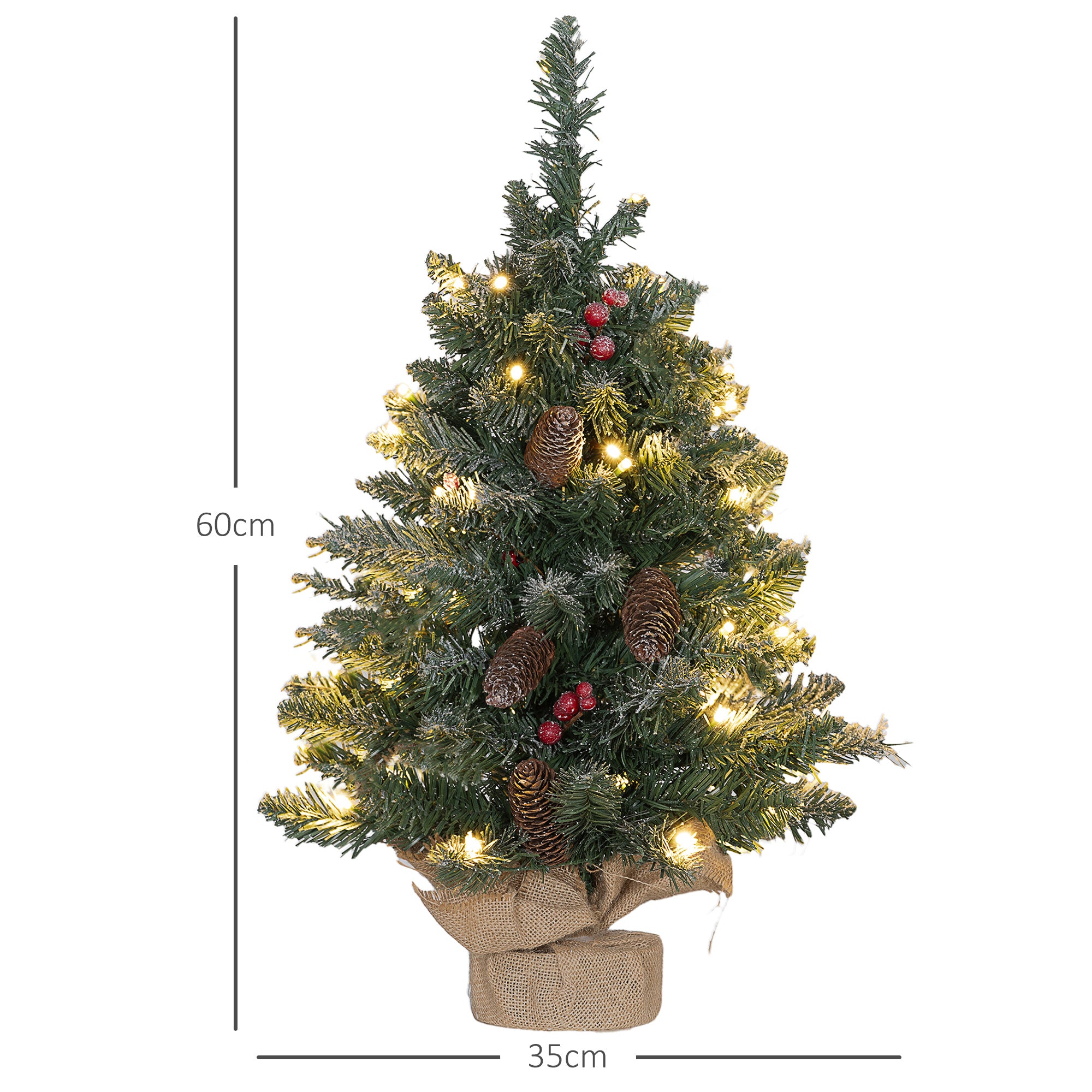 Mini Kerstboom met LED verlichting, 60 cm, dennenappels en bessen
