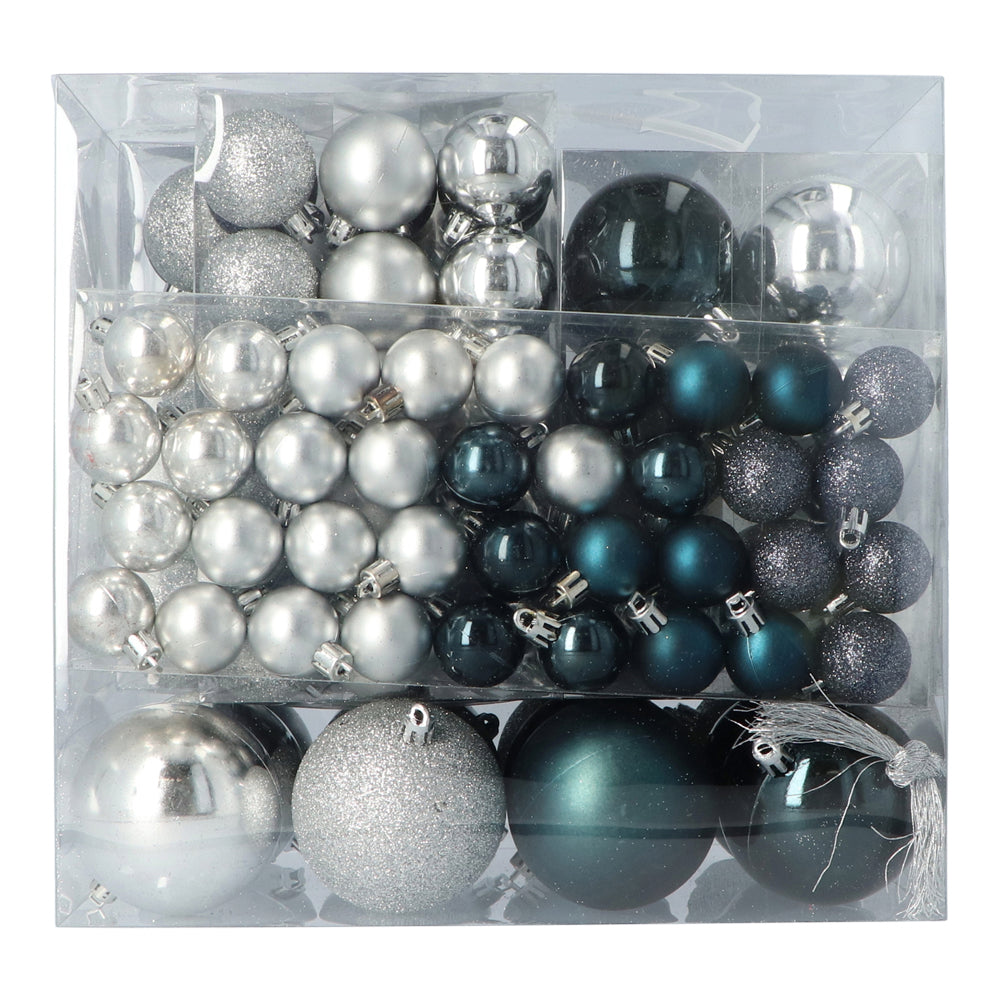 4seasonz® Kunststof Kerstballen set 120 ballen plastic - Zilver/Donkerblauw