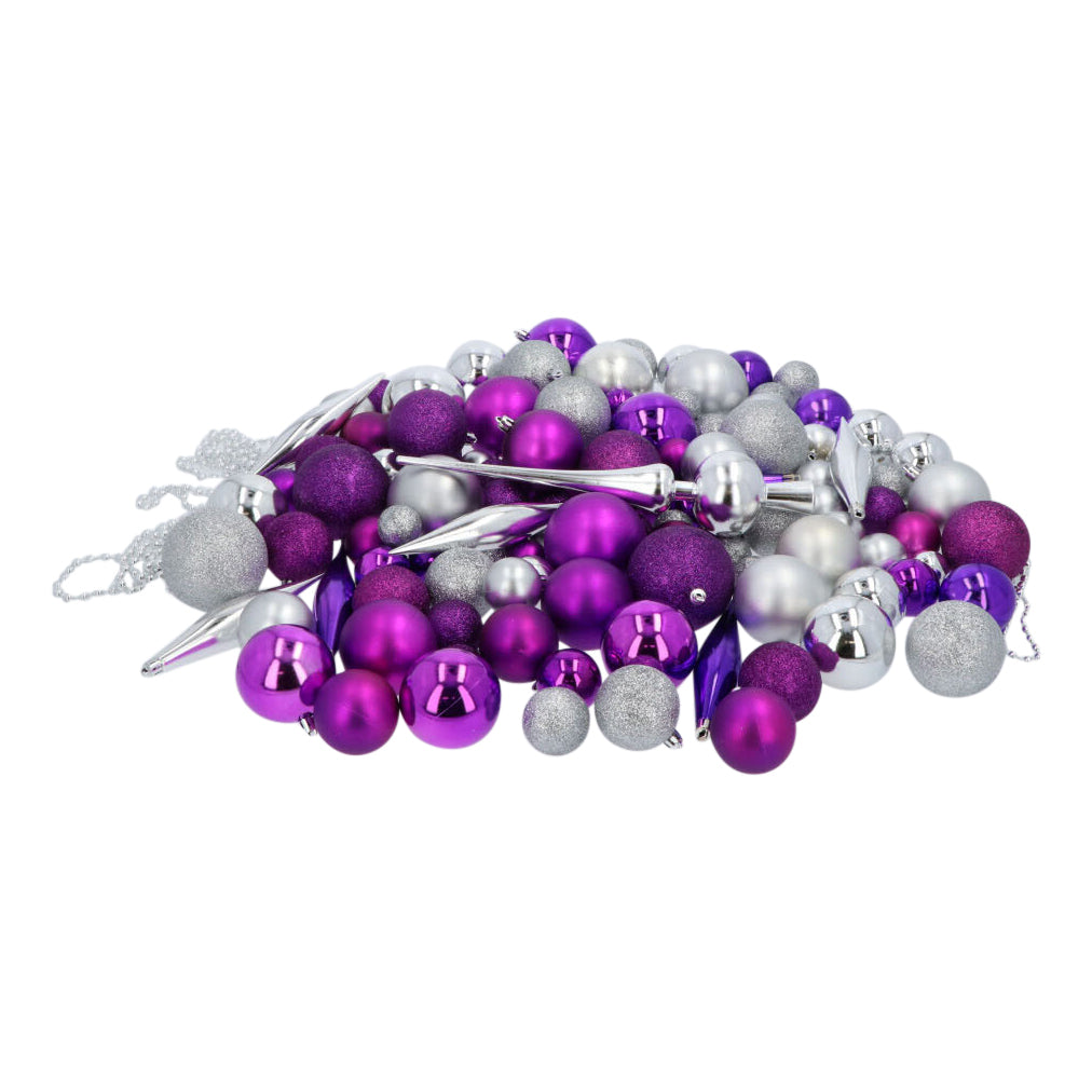 4seasonz Kerstballen Set 130 Ballen Piek en Slinger - Paars/Zilver