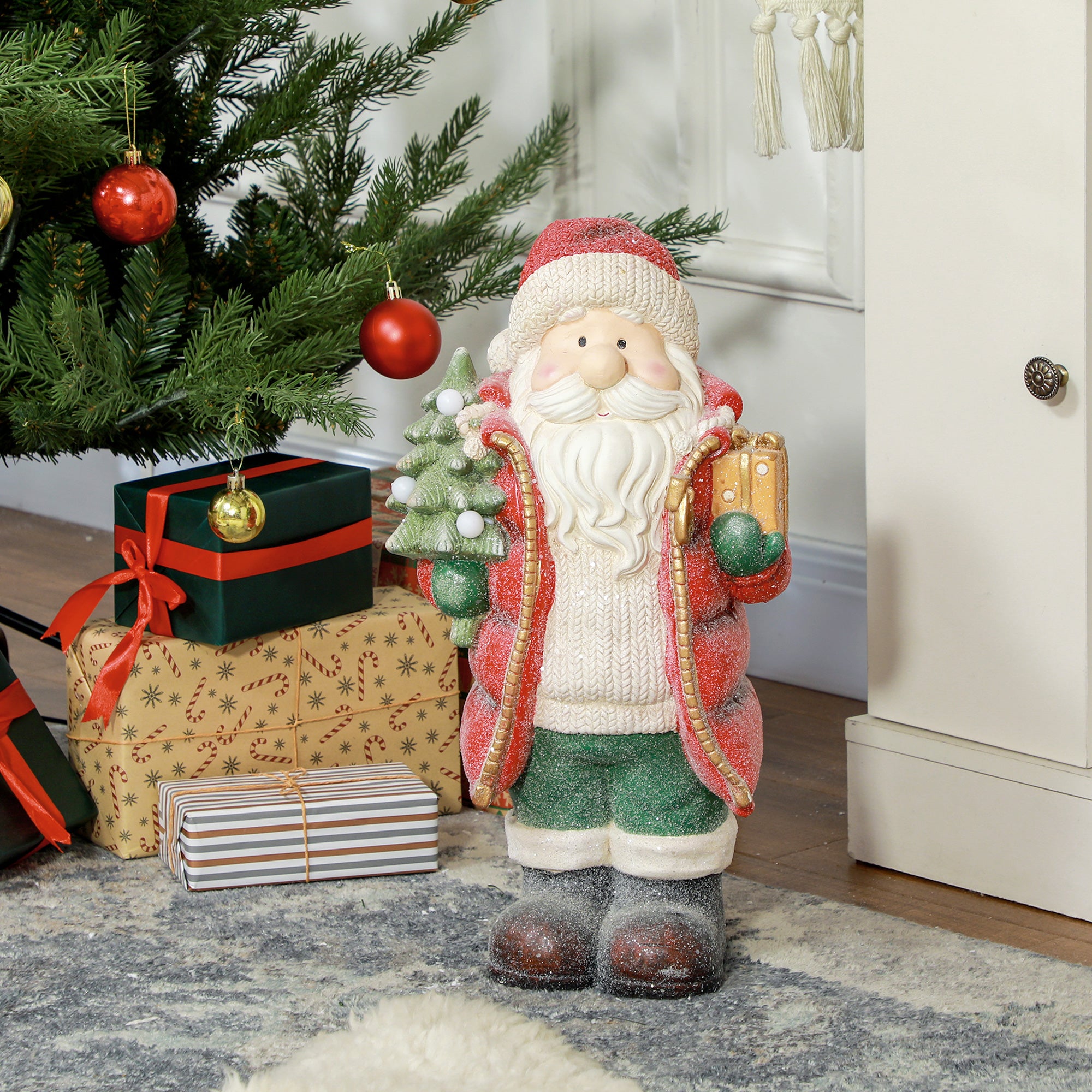 Homcom Kerstman beeldje 50 cm met boom en cadeau- 3 warm witte LED's werkt op batterijen