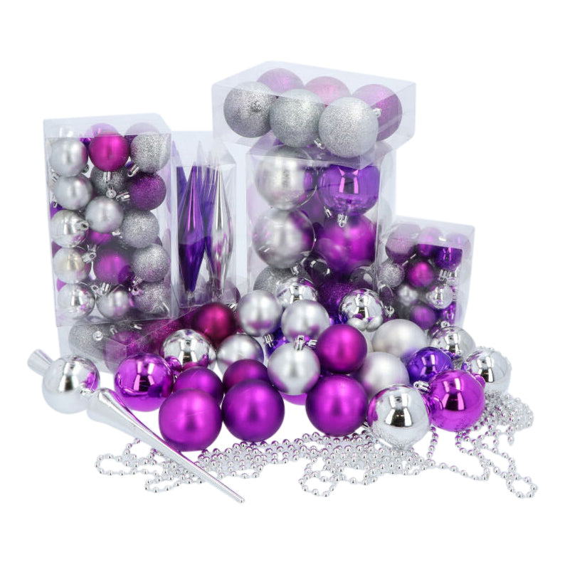 4seasonz Kerstballen Set 130 Ballen Piek en Slinger - Paars/Zilver