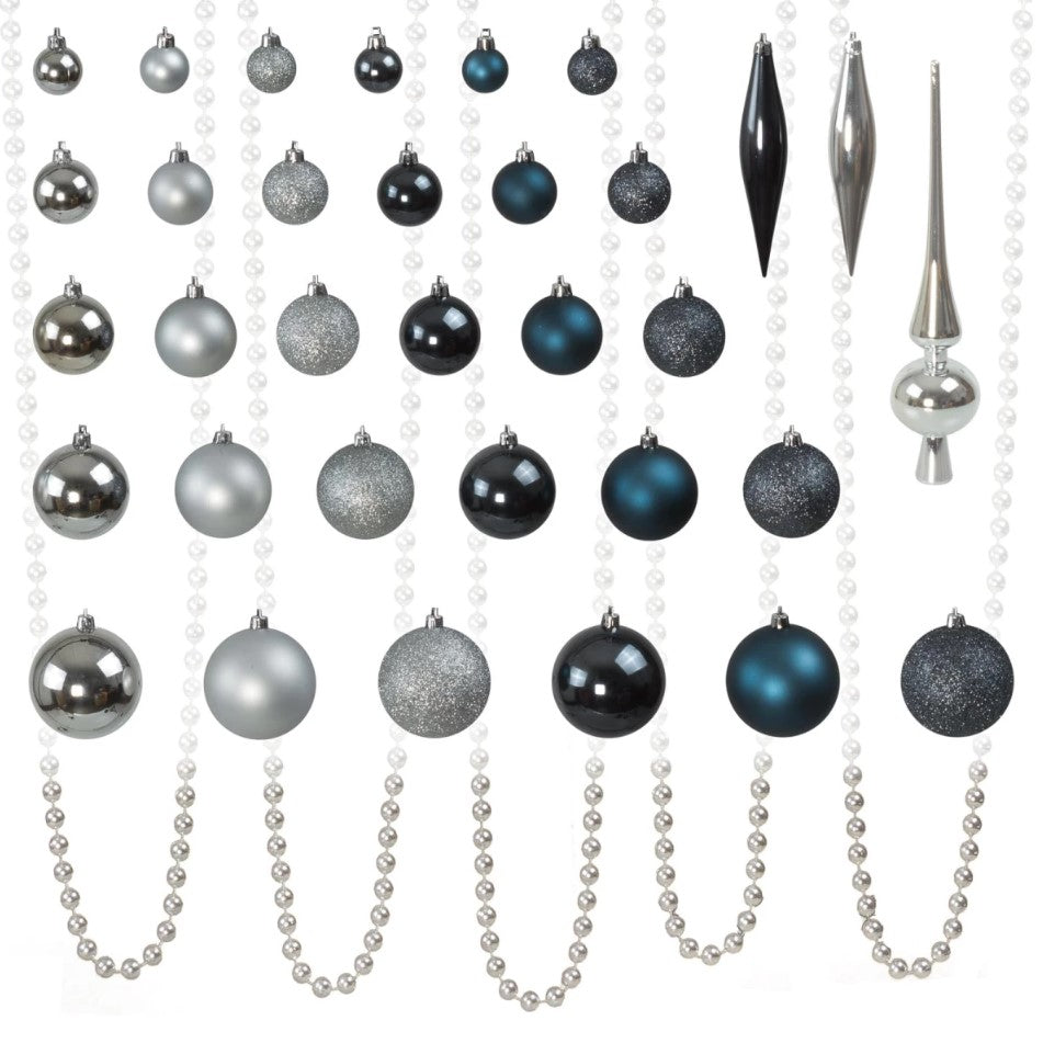 4seasonz® Kunststof Kerstballen set 130 ballen, piek en snoer Zilver/Blauw