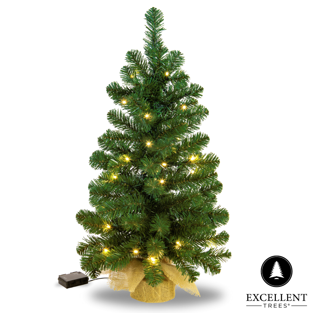 Excellent Trees® Jarbo Mini Kerstboom 60 cm met batterij verlichting - Kunstkerstboom kant en klaar met Verlichting - Hoogwaardig PVC - 35 LED Lampjes