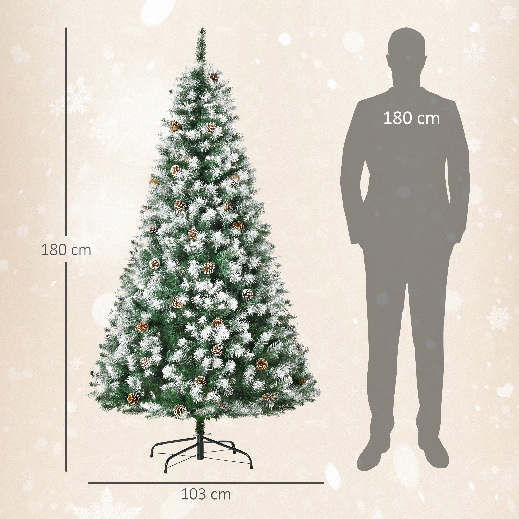 Homcom Kunstkerstboom 800 takken 61 dennenappels sneeuwtoppen- 180 cm