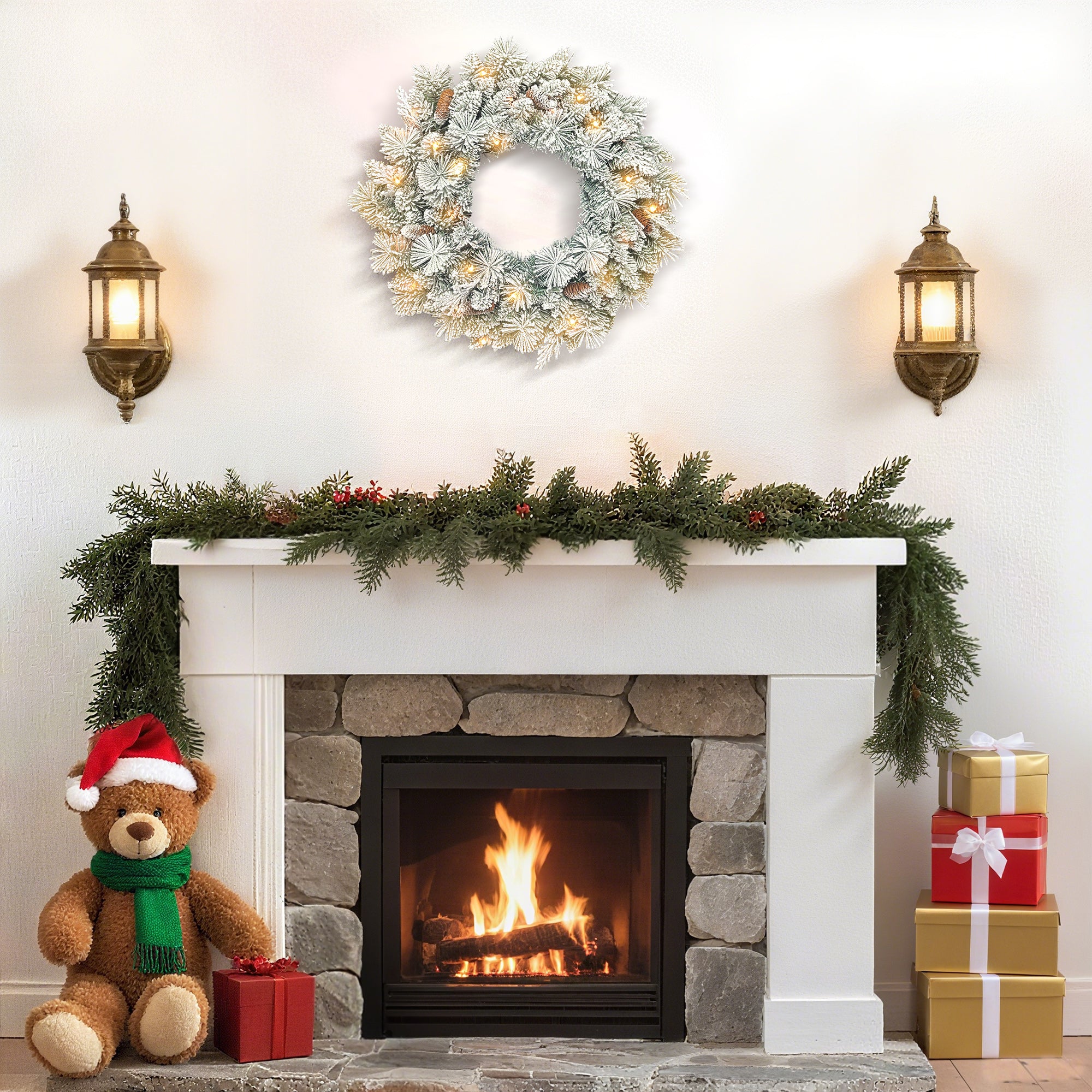 4goodz Kerstkrans met LED-verlichting Sneeuw en Dennenappels  Ø60 cm