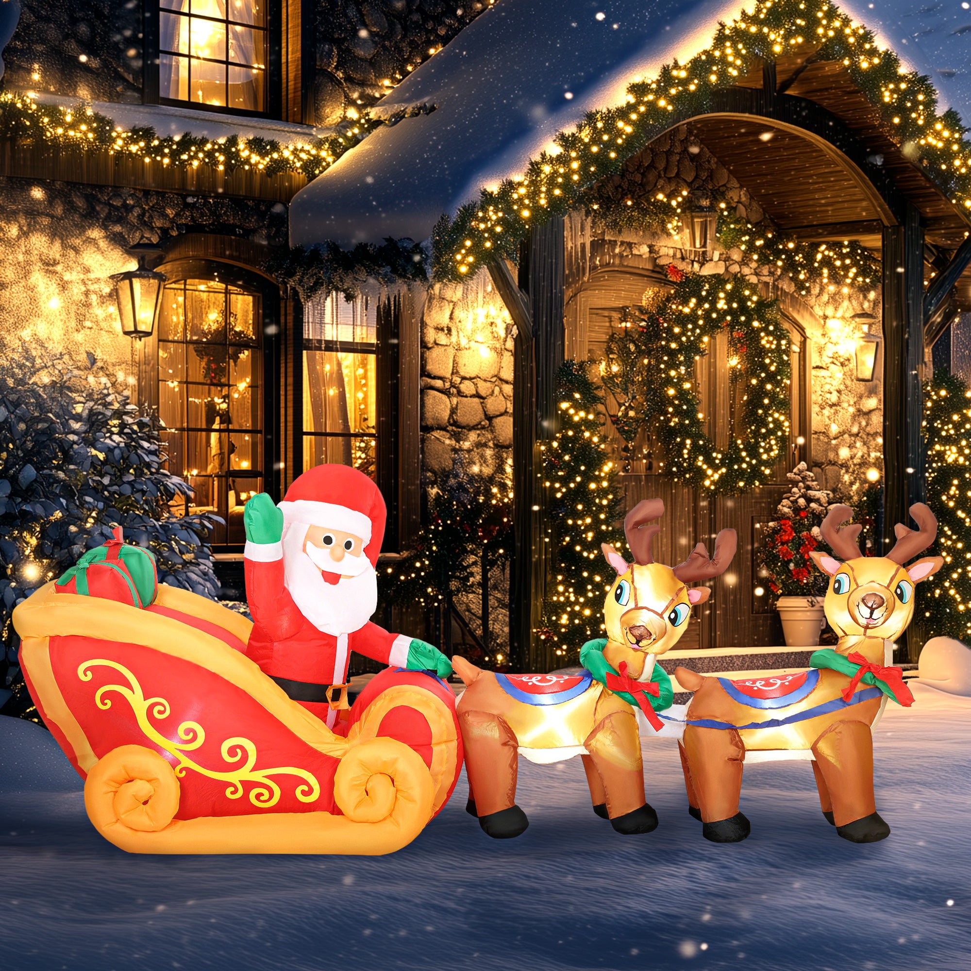 4goodz Opblaasbare Kerstman met slee en rendieren met LED-verlichting