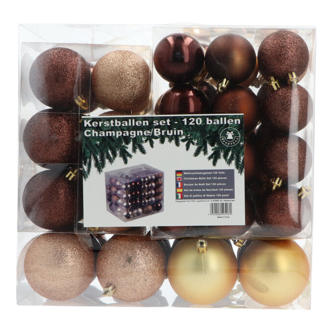 4seasonz® Kunststof Kerstballen set 120 ballen plastic - Champagne/Bruin
