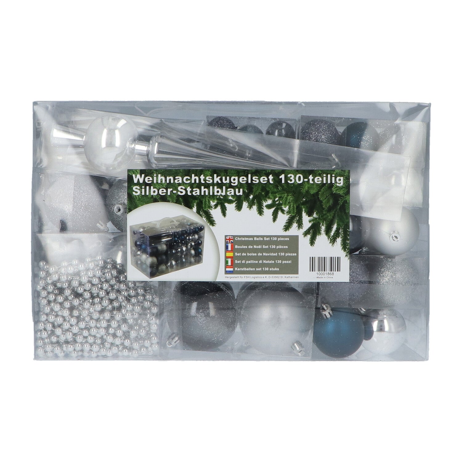4seasonz® Kunststof Kerstballen set 130 ballen, piek en snoer Zilver/Blauw