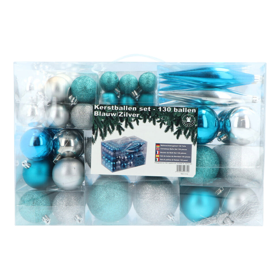 4seasonz® Kerstballen set 130 ballen - Kunststof piek en parelsnoer - Blauw/Zilver