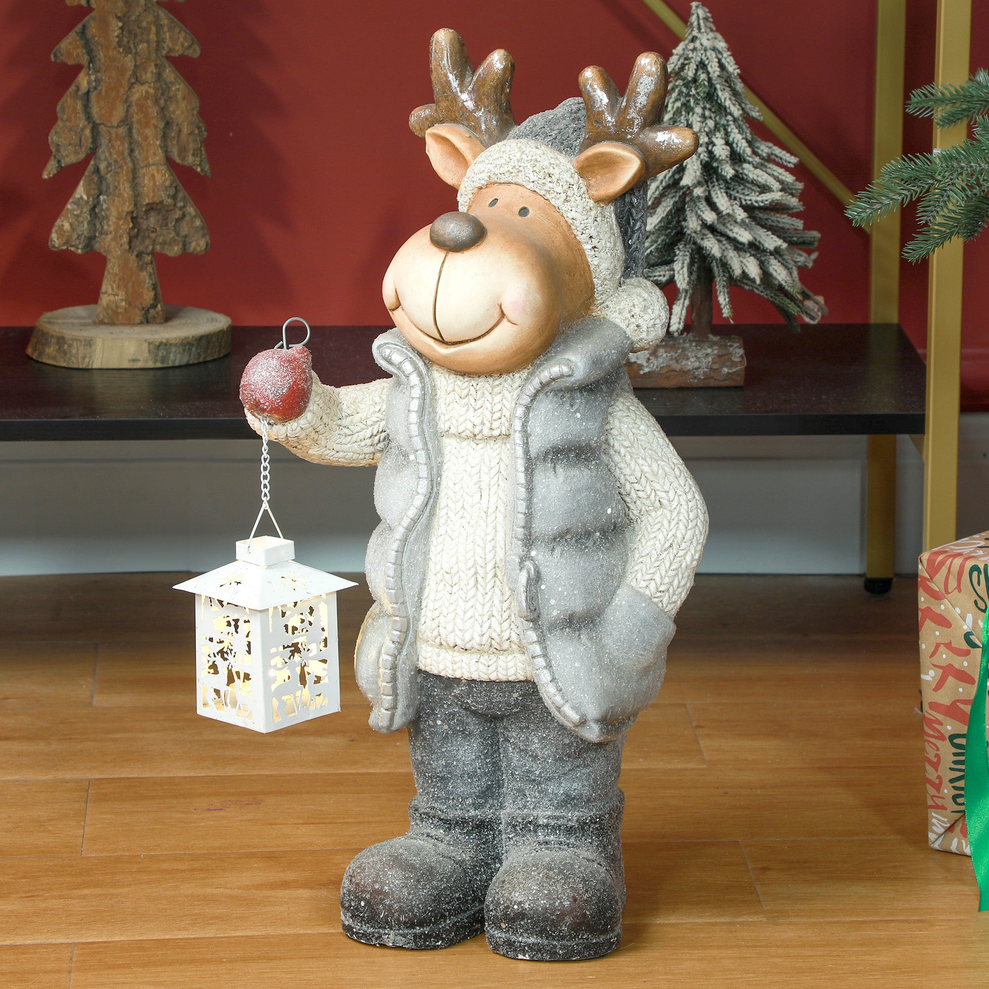 Homcom Kerstdecoratie, rendier met lantaarn, LED, werkt op batterijen, 25,5 x 19,5 x 52 cm