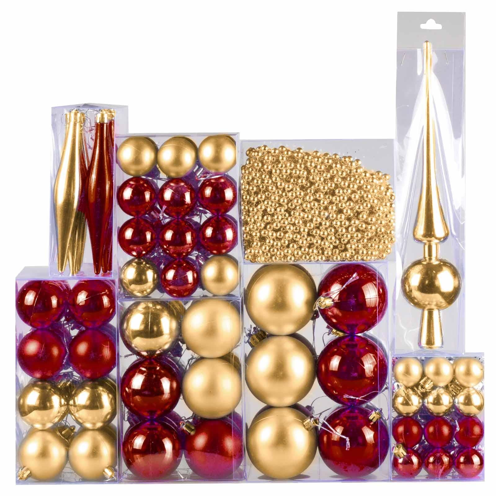 4seasonz® Kerstballen Set 130 Ballen met Piek & Slinger - Goud-Bordeaux