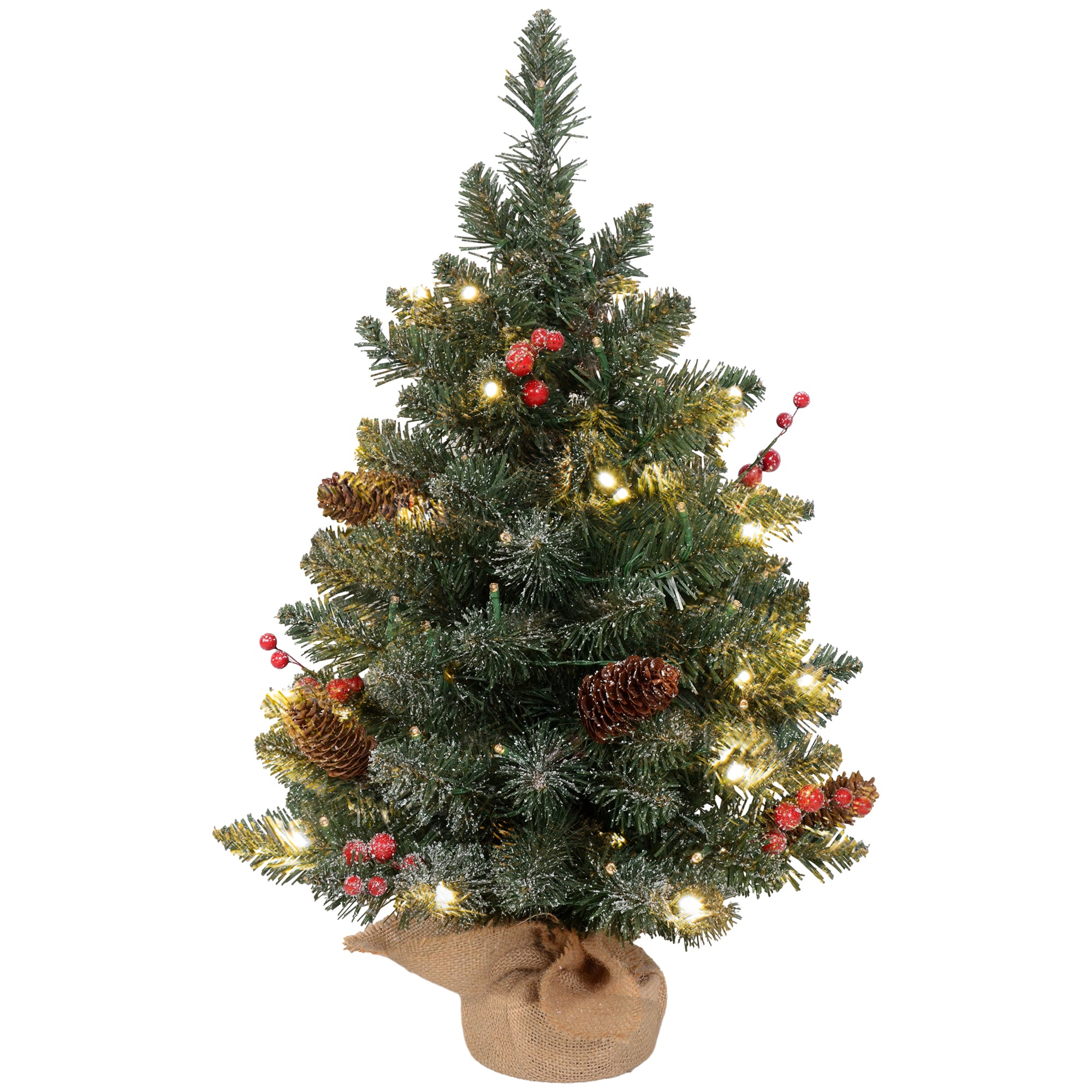 Mini Kerstboom met LED verlichting, 60 cm, dennenappels en bessen