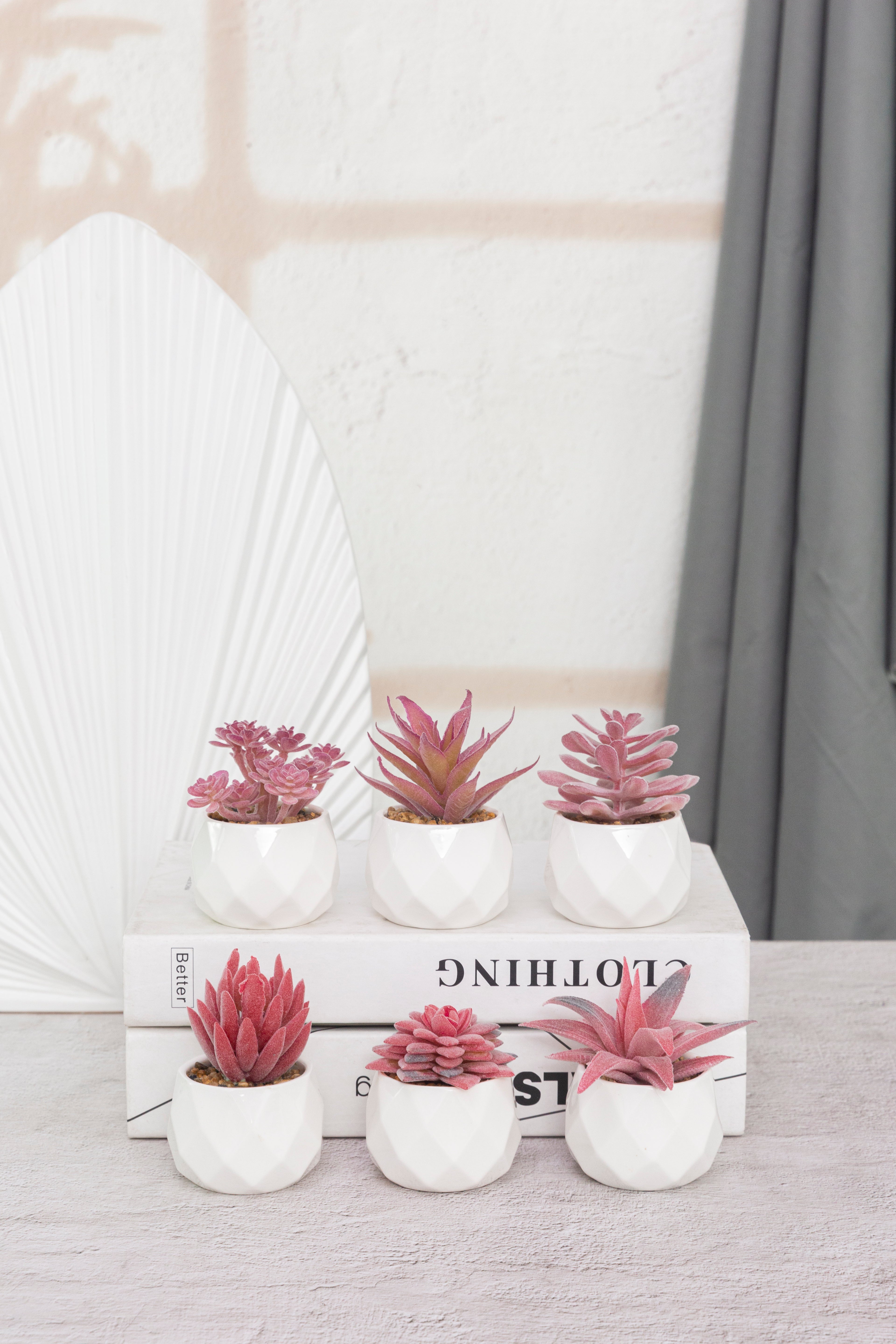 Greendream® Mini Kunstplantjes Set 6 stuks in Keramiek Potje - 6 Stuks Vetplanten - Roze