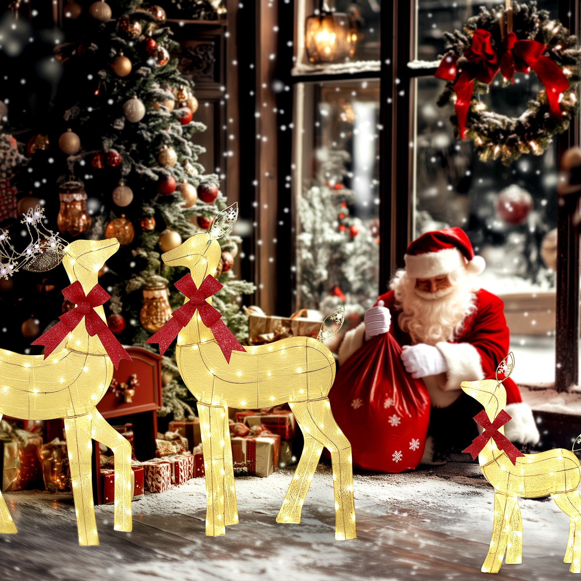 Set van 3 Rendieren met rode strik met LED Verlichting - Goud