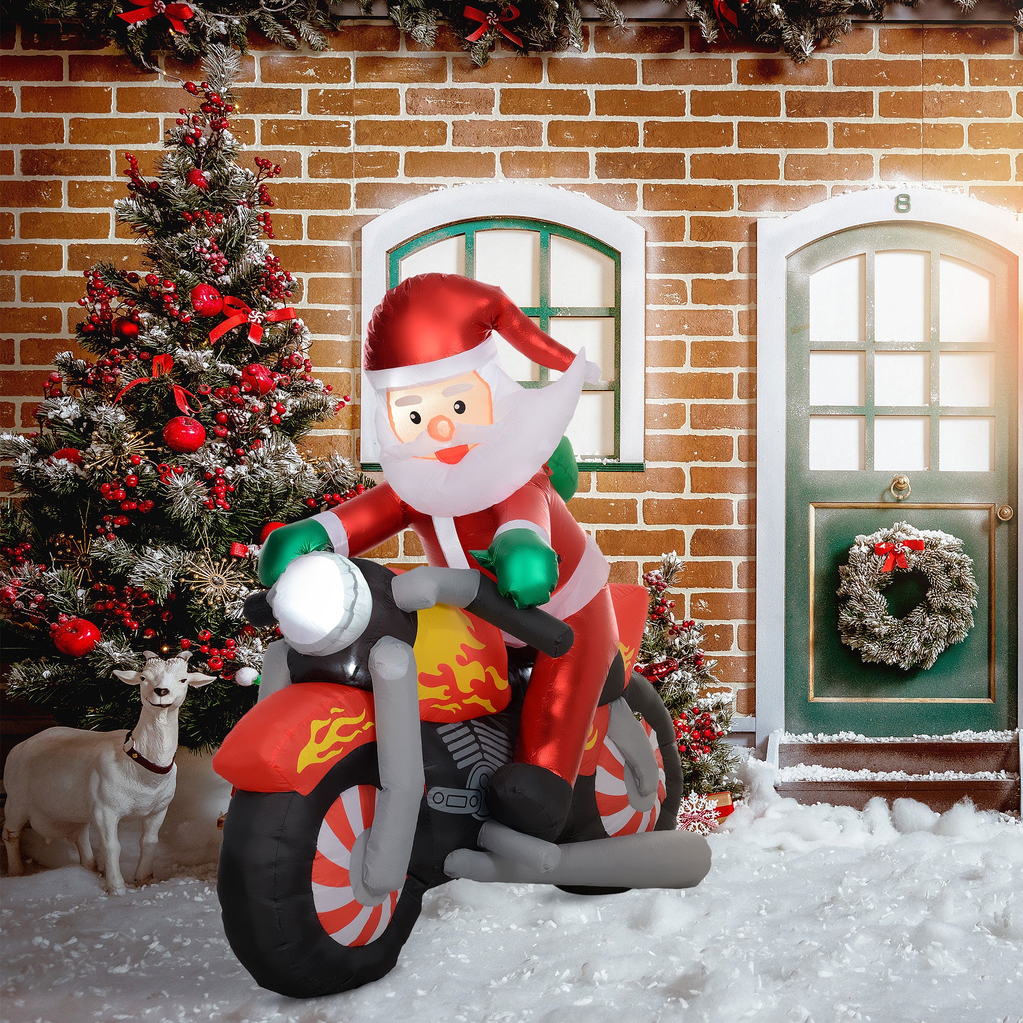 Kerstman op de motor met LED Verlichting Opblaasbaar - Weerbestendig 180x95x170 cm