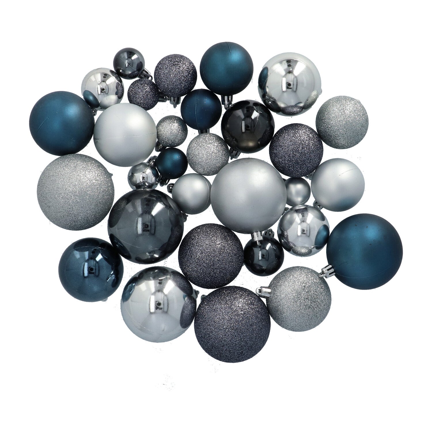 Kunststof Kerstballen set 130 ballen, piek en snoer Zilver/Staalblauw