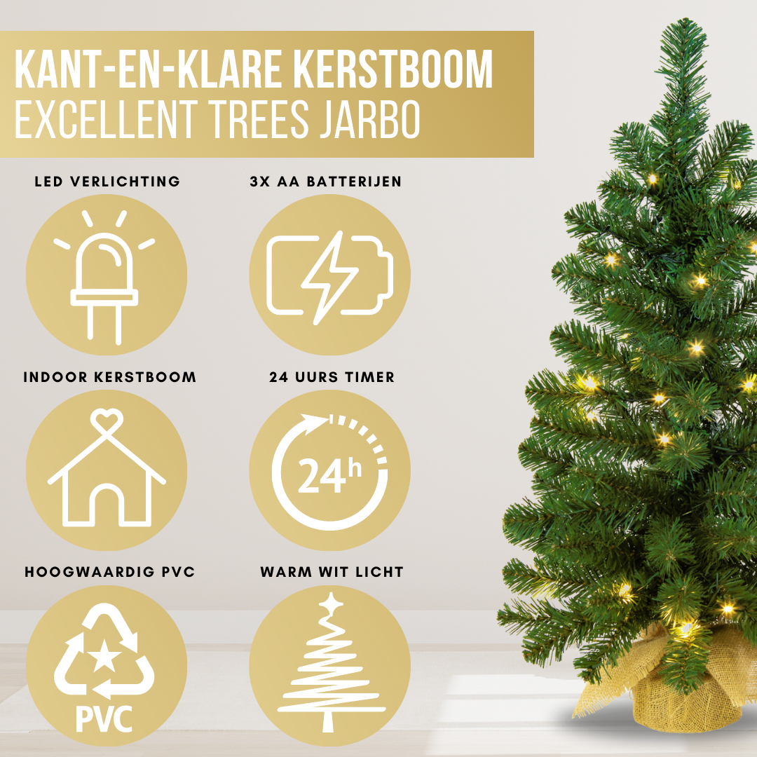 Excellent Trees® Jarbo Mini Kerstboom 60 cm met batterij verlichting - Kunstkerstboom kant en klaar met Verlichting - Hoogwaardig PVC - 35 LED Lampjes