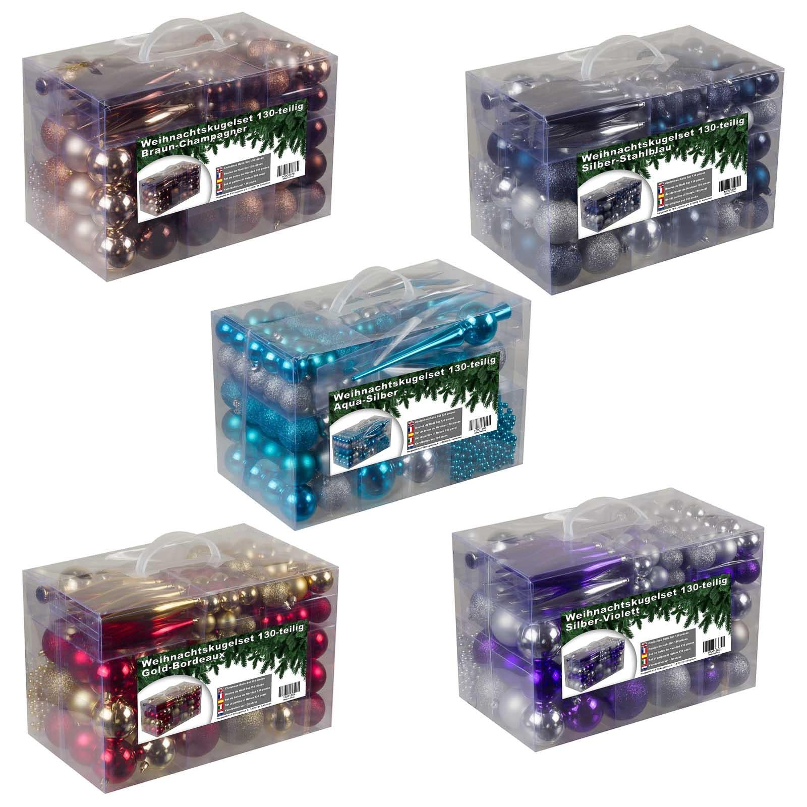 4seasonz® Kunststof Kerstballen set 130 ballen, piek en snoer Zilver/Blauw