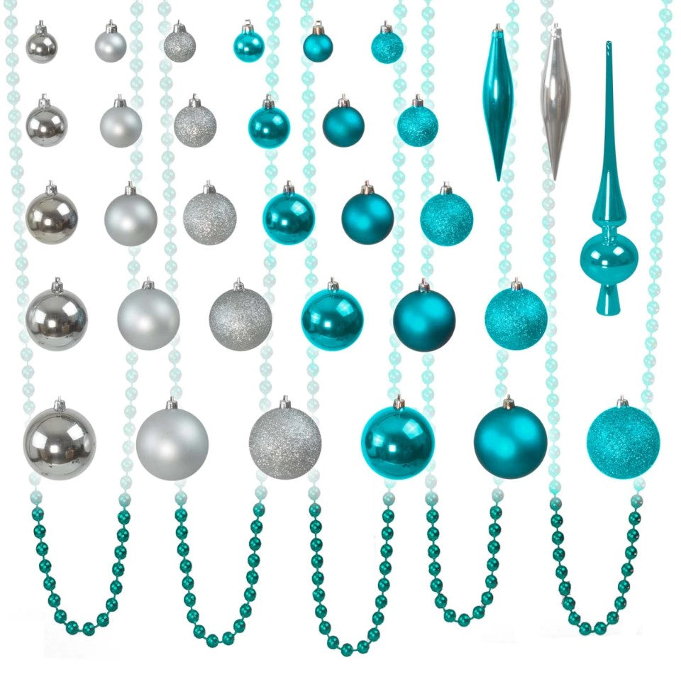 4seasonz® Kerstballen set 130 ballen - Kunststof piek en parelsnoer - Blauw/Zilver