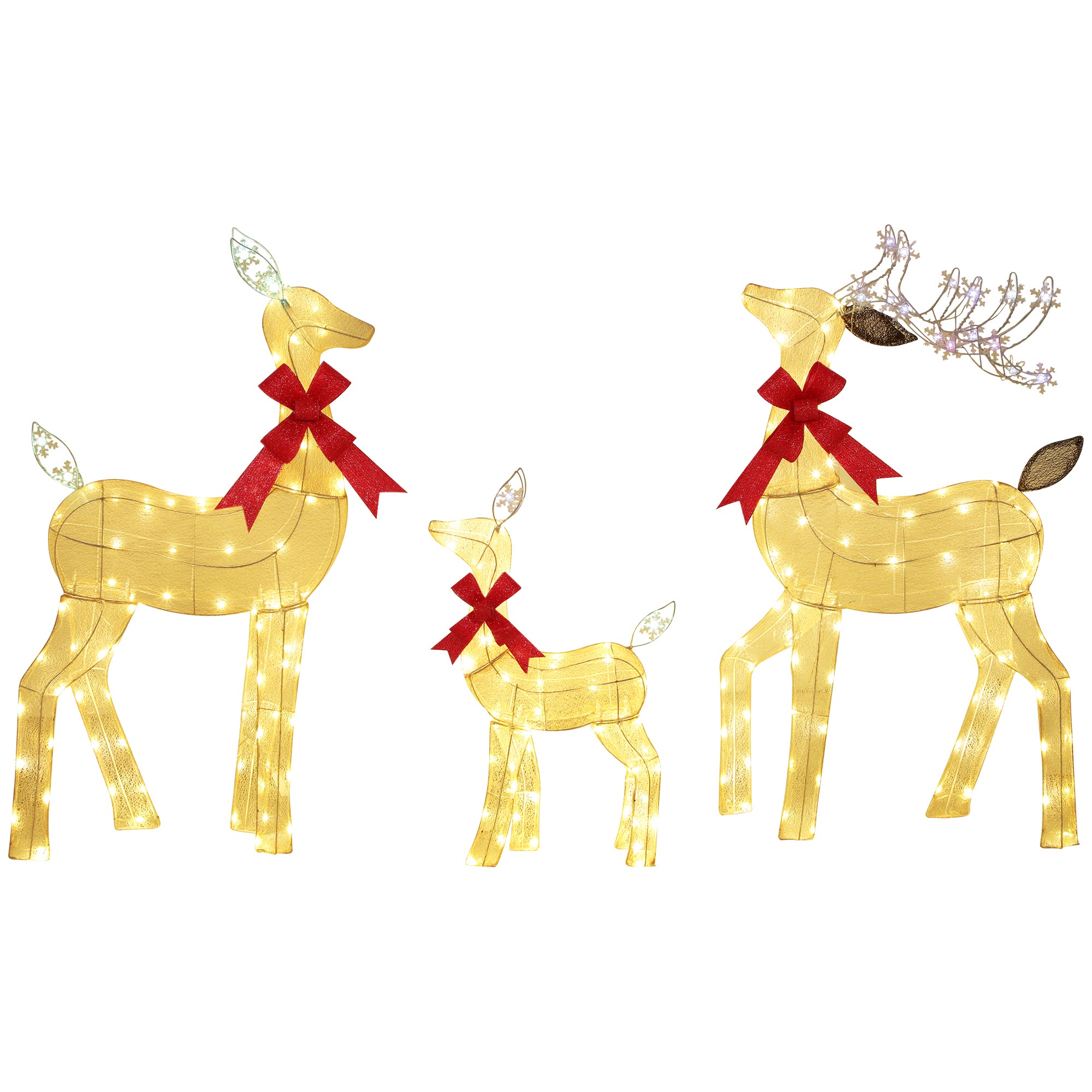 Set van 3 Rendieren met rode strik met LED Verlichting - Goud