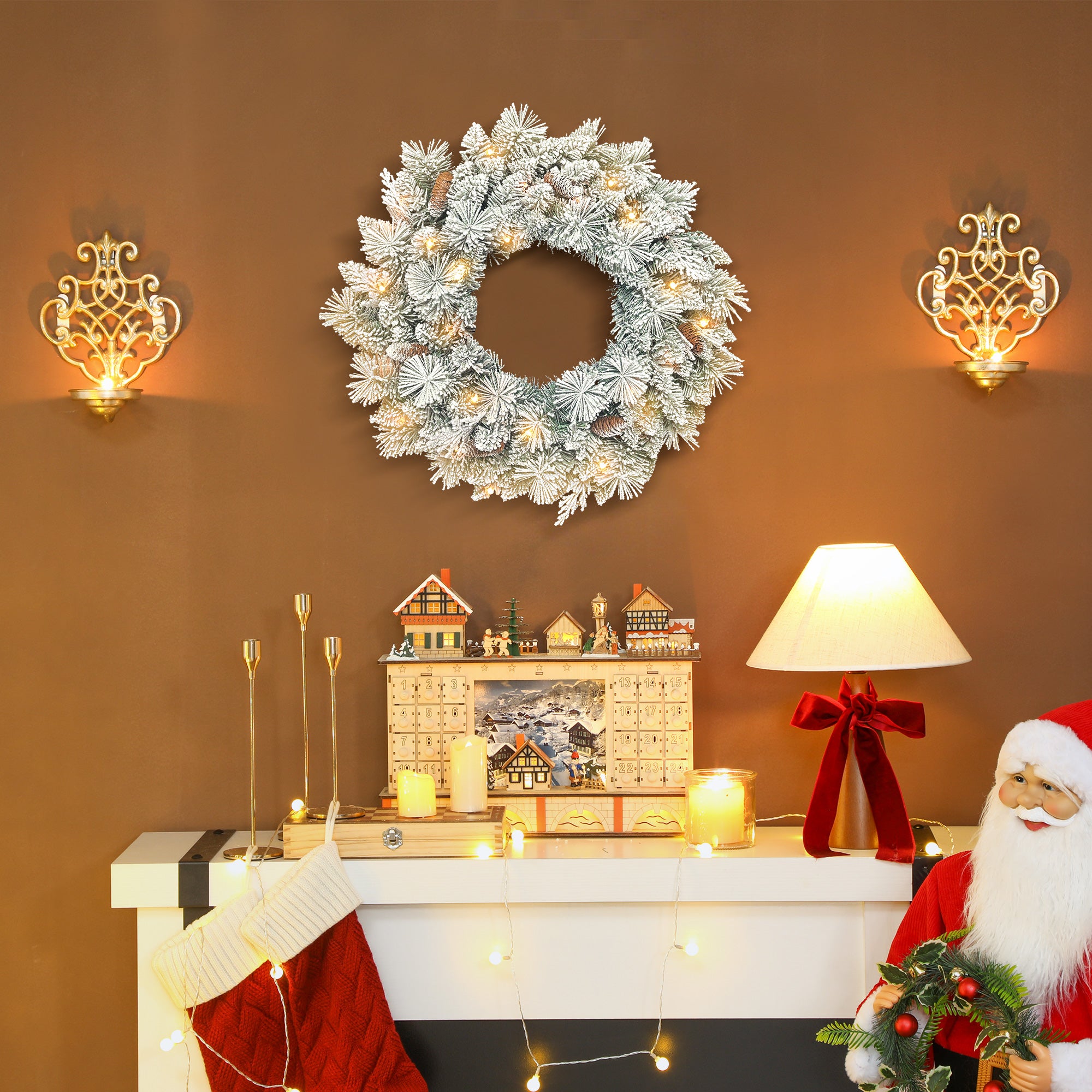 Homcom Kerstkrans met LED-verlichting Sneeuw en Dennenappels  Ø60 cm