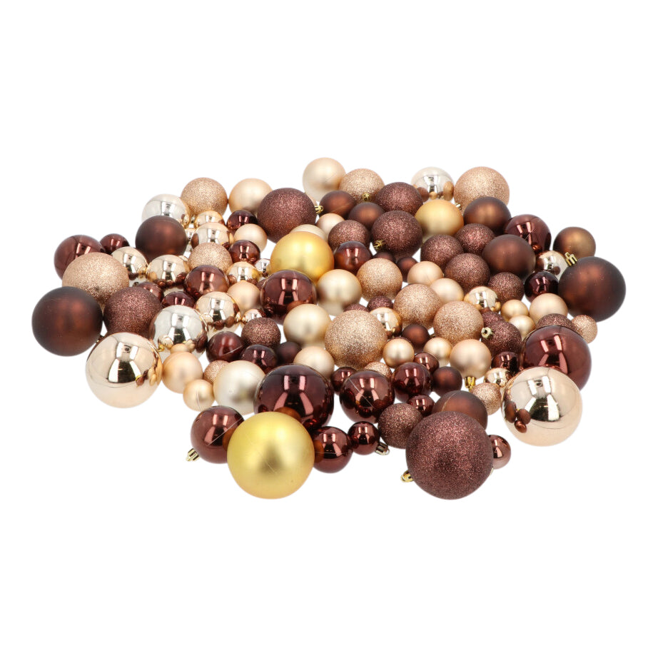 Kunststof Kerstballen set 120 ballen - binnen/buiten - Champagne/Bruin