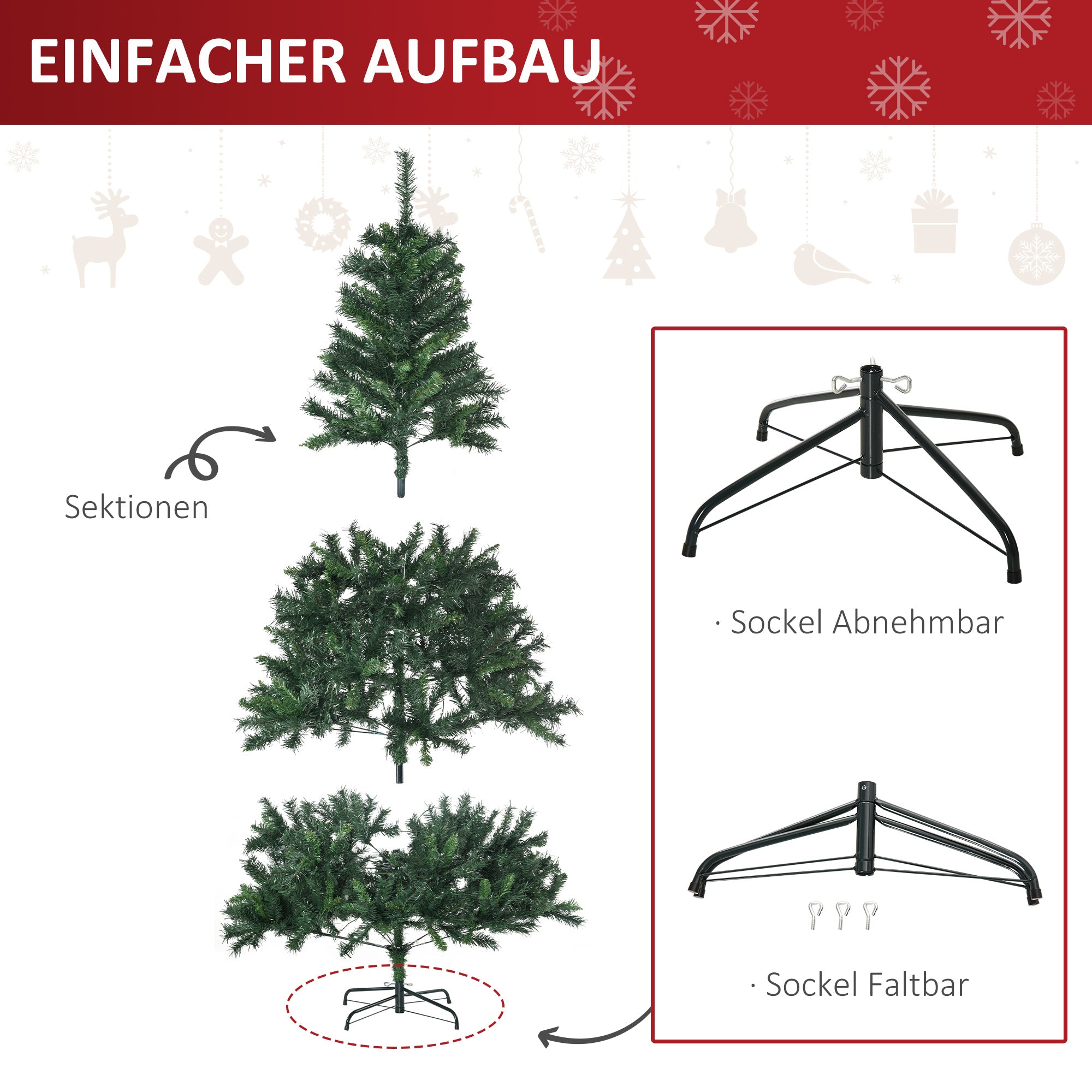 Homcom Kunstkerstboom 180 cm Kunstkerstboom met LED-verlichting, Ballen, Kerstboom met 745 Tips, Kerstdecoratie incl. metalen standaard voor binnen