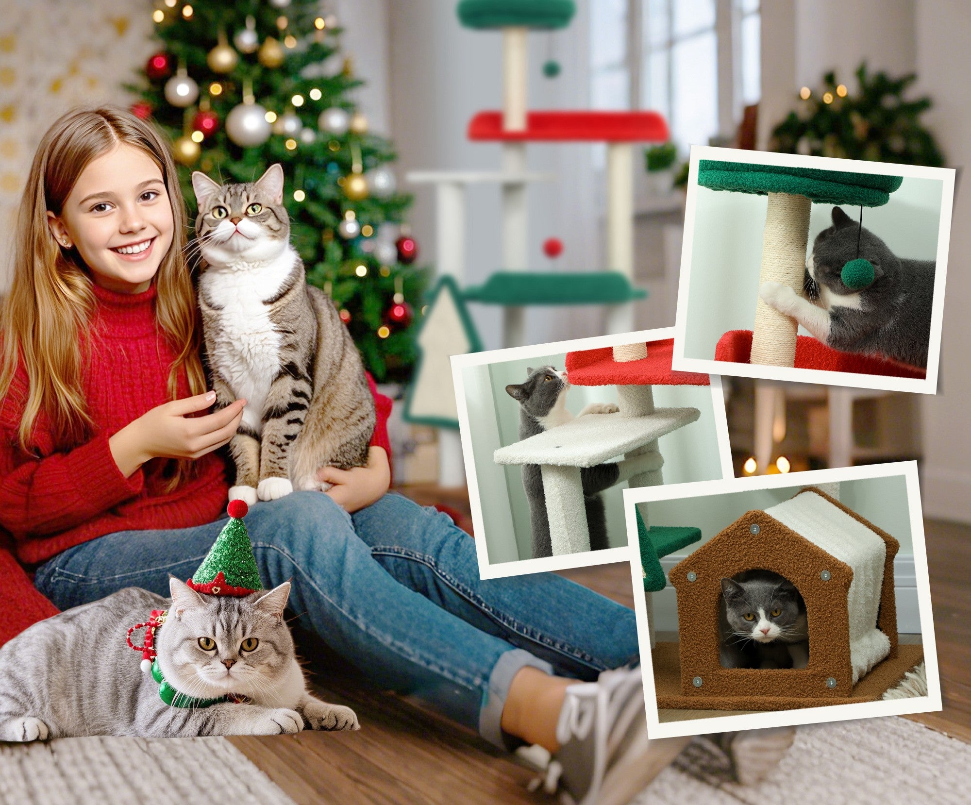 4goodz Katten Krabpaal in Kerst sfeer met kattenhuis springplatforms