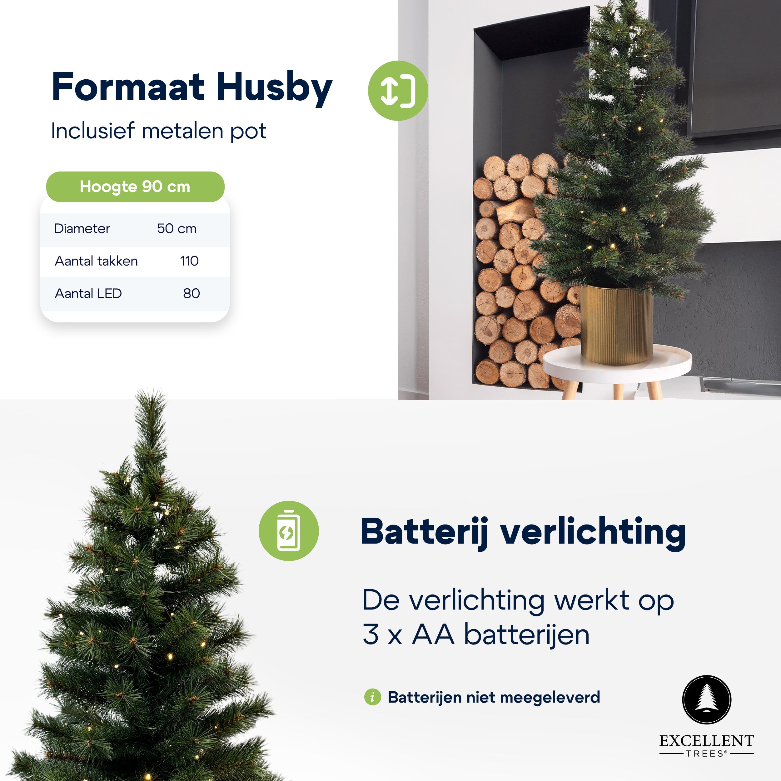 Kerstboom Excellent Trees® Husby 90 cm in Pot met 80 LED lampjes op batterijen - Kunstkerstboom LED verlichting - Hoogwaardig naald PVC